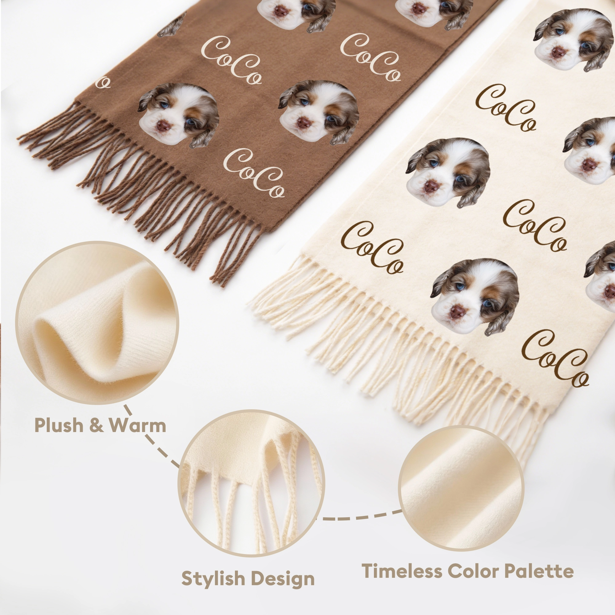 Custom Dog Cat Pet Face Photo with Name Warm Tassel Scarf