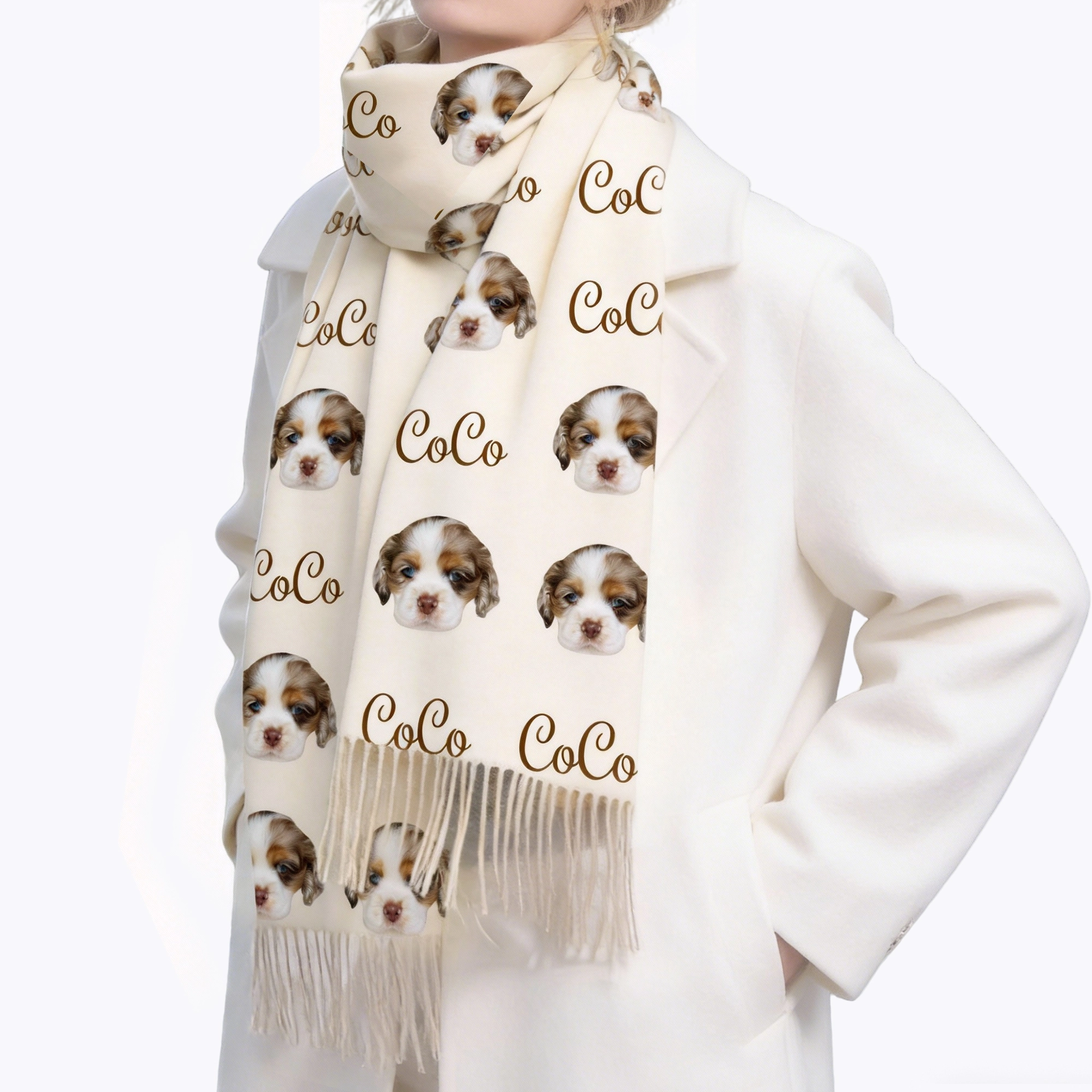Custom Dog Cat Pet Face Photo with Name Warm Tassel Scarf