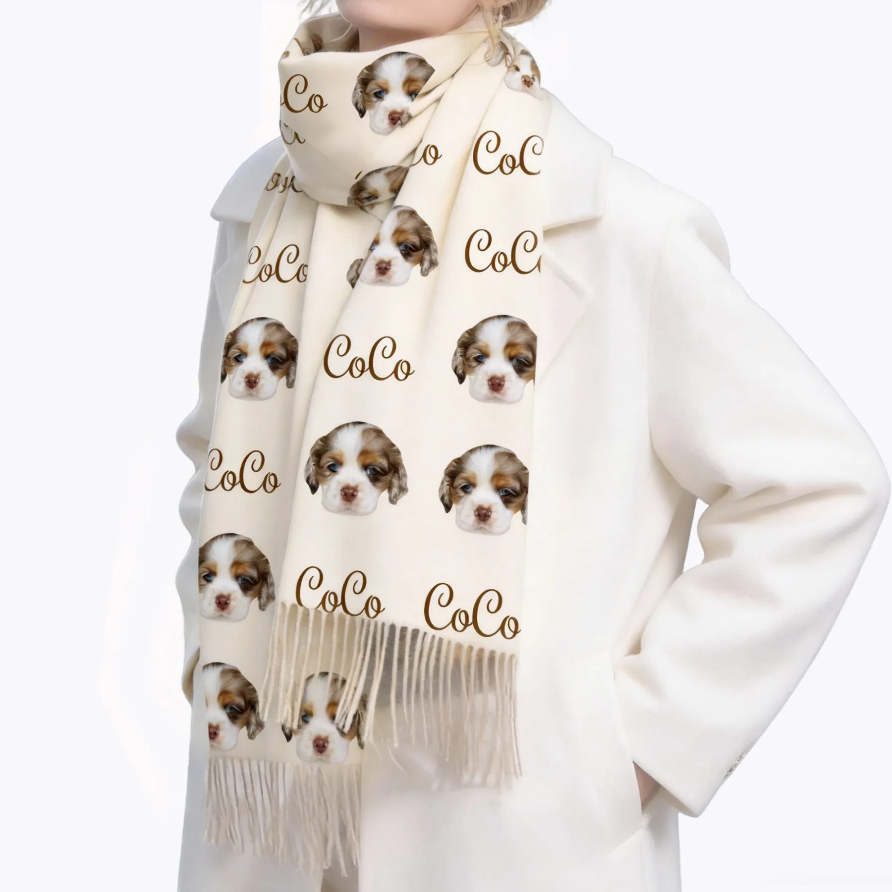 Custom Dog Cat Pet Face Photo with Name Warm Tassel Scarf