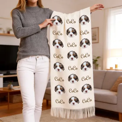 Custom Dog Cat Pet Face Photo with Name Warm Tassel Scarf