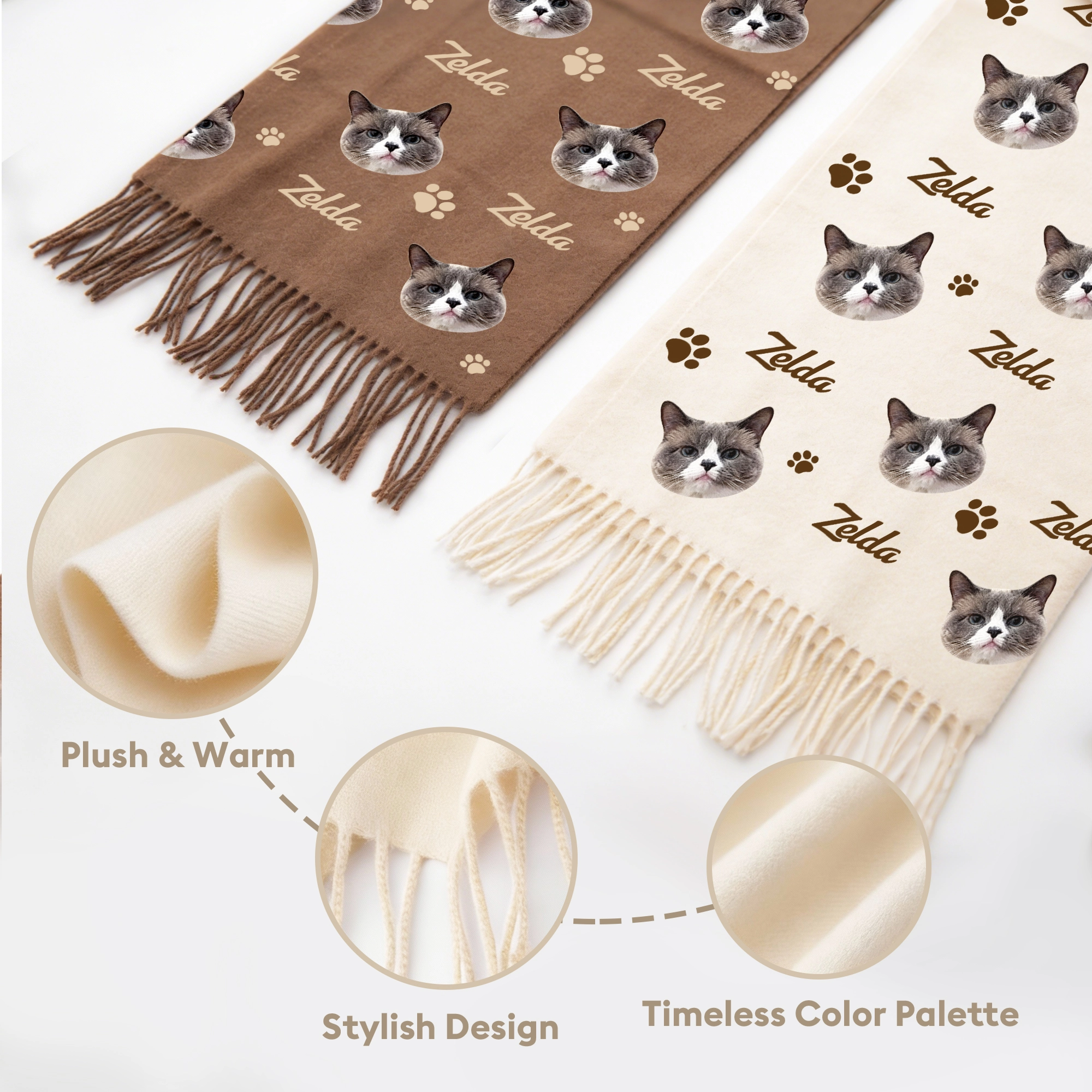 Custom Dog Cat Pet Face Photo with Name Paw Pattern Warm Tassel Scarf