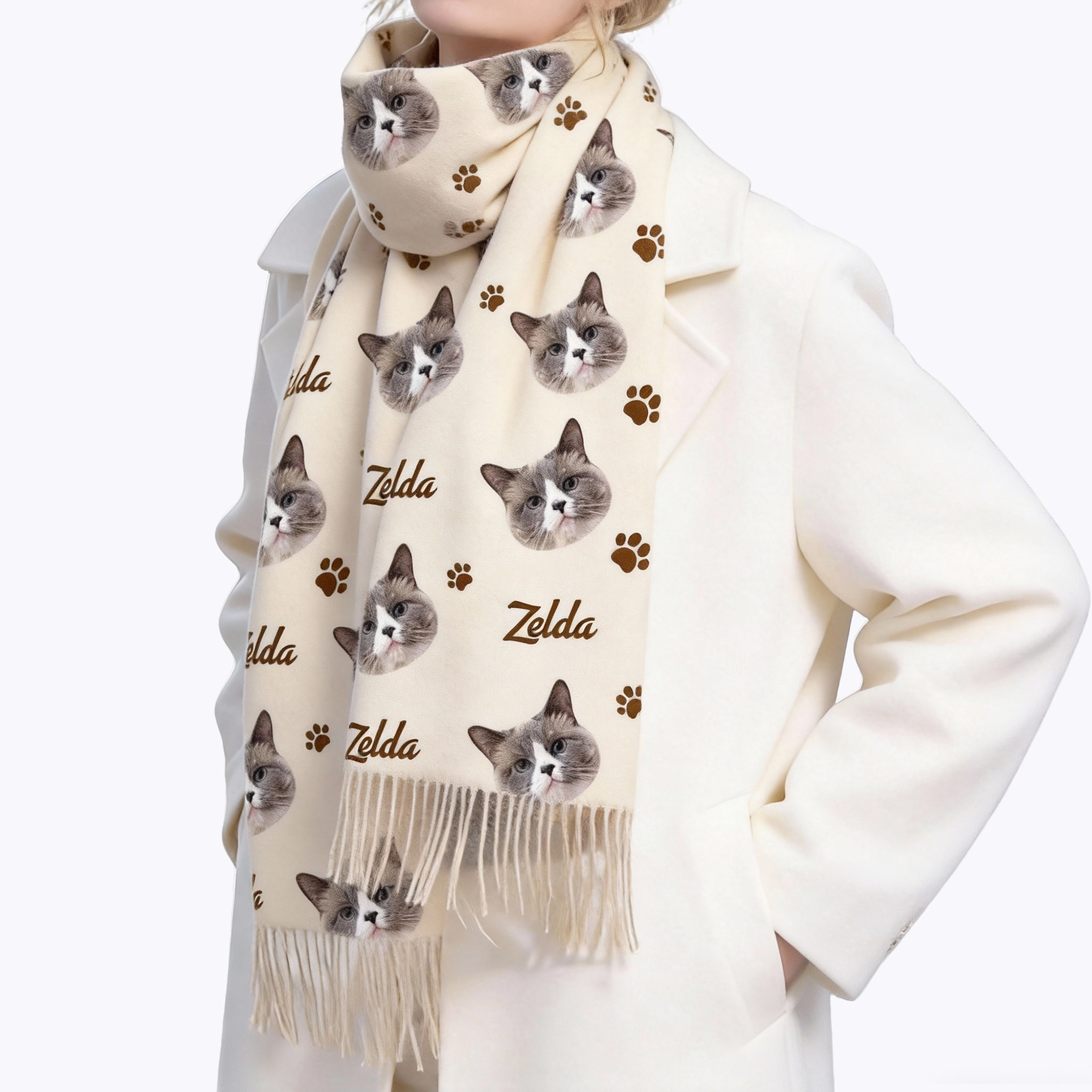 Custom Dog Cat Pet Face Photo with Name Paw Pattern Warm Tassel Scarf