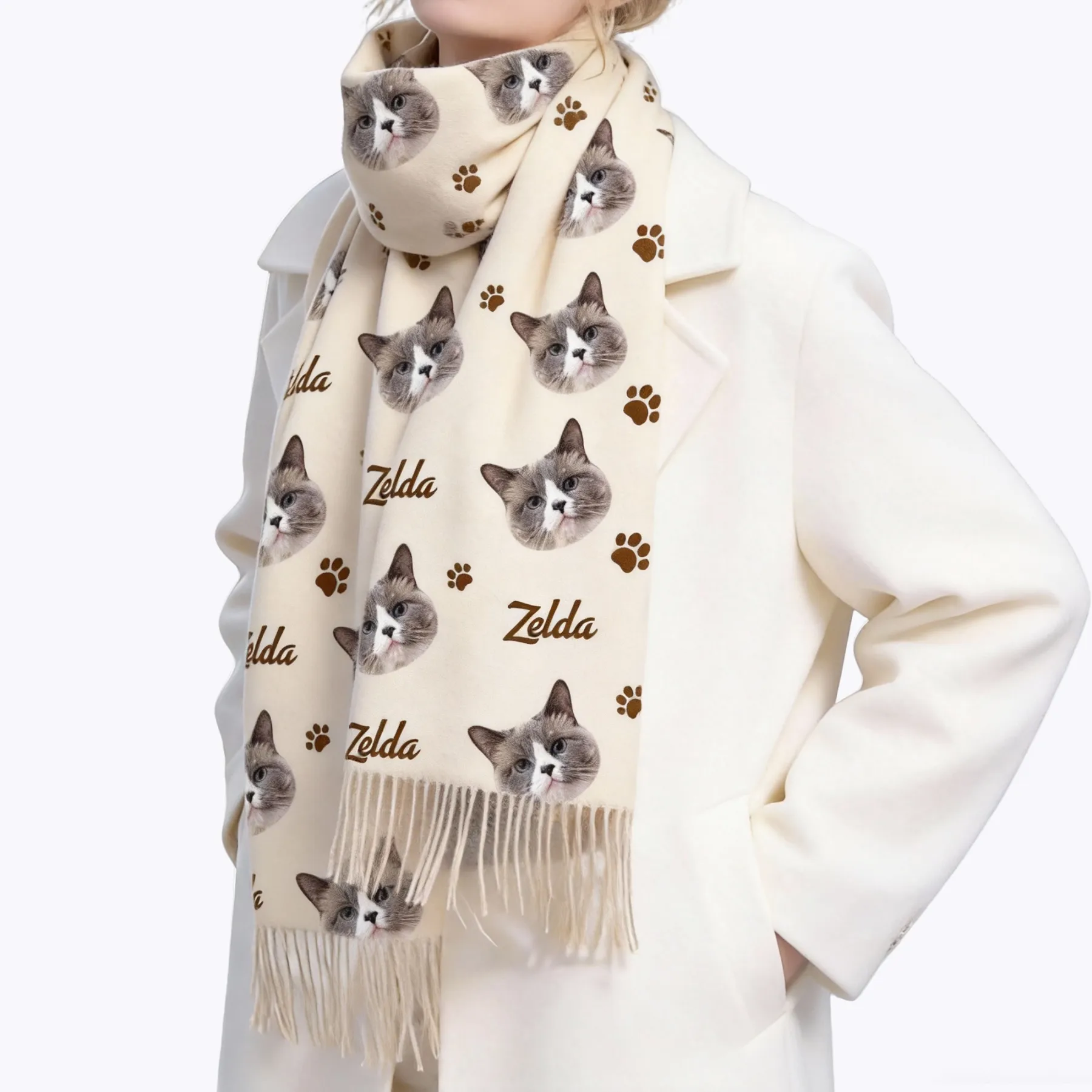 Custom Dog Cat Pet Face Photo with Name Paw Pattern Warm Tassel Scarf