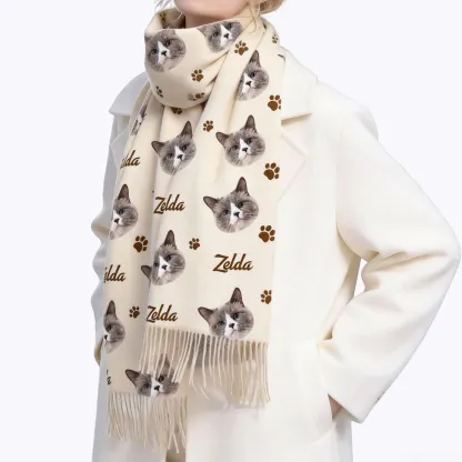 Custom Dog Cat Pet Face Photo with Name Paw Pattern Warm Tassel Scarf