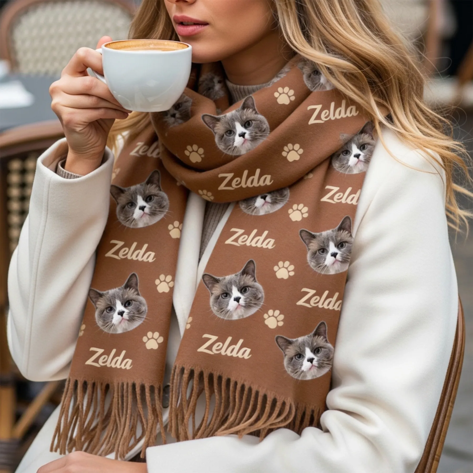 Custom Dog Cat Pet Face Photo with Name Paw Pattern Warm Tassel Scarf