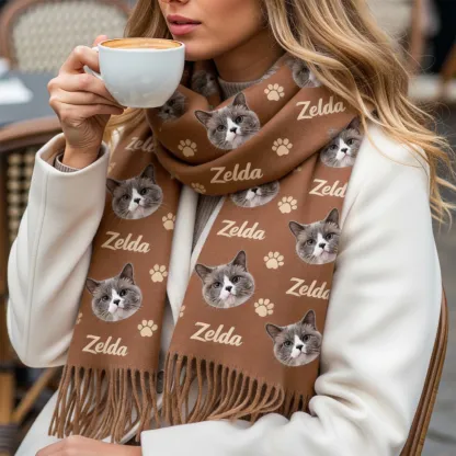 Custom Dog Cat Pet Face Photo with Name Paw Pattern Warm Tassel Scarf