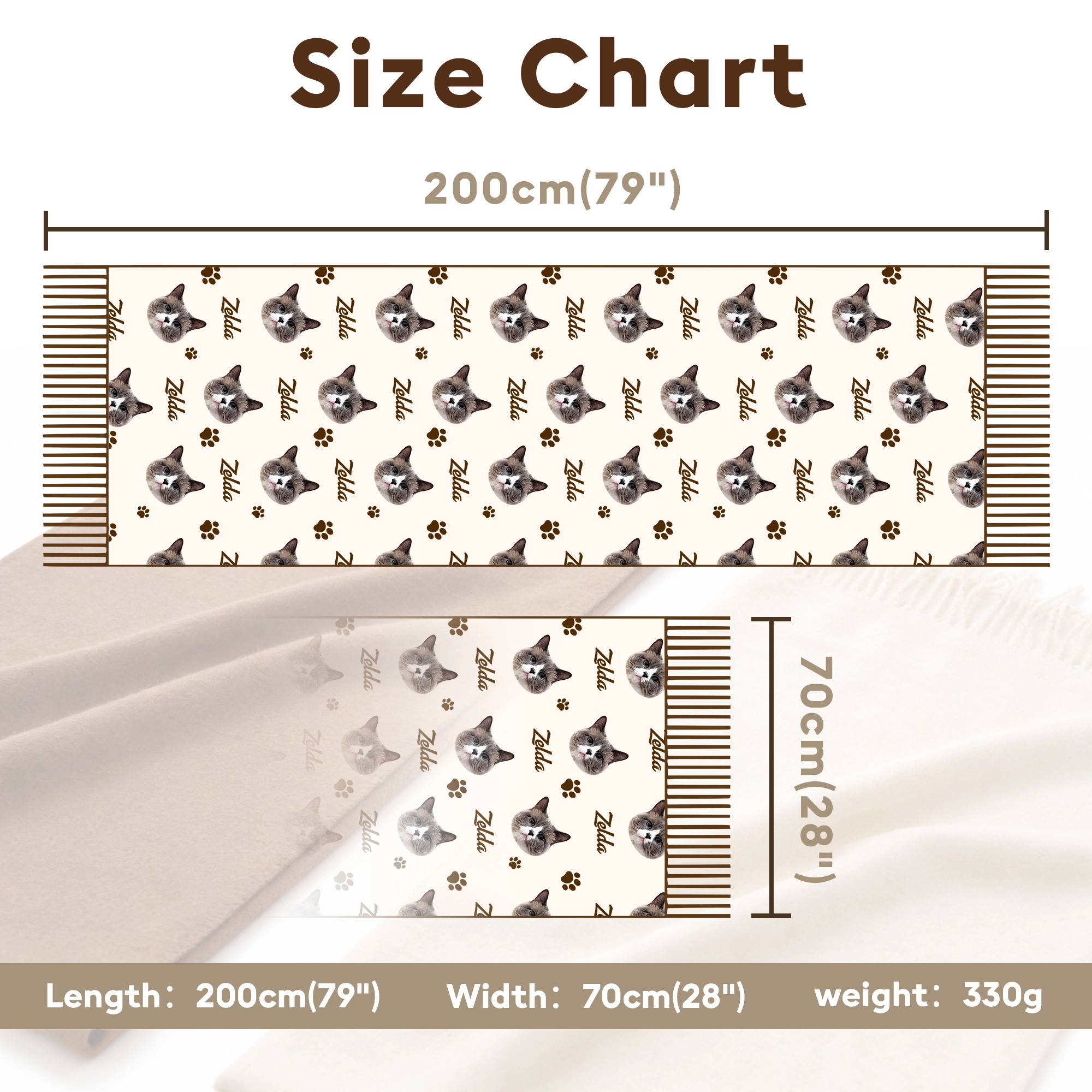 Custom Dog Cat Pet Face Photo with Name Paw Pattern Warm Tassel Scarf