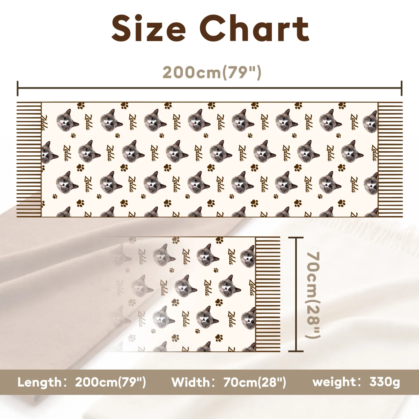 Custom Dog Cat Pet Face Photo with Name Paw Pattern Warm Tassel Scarf