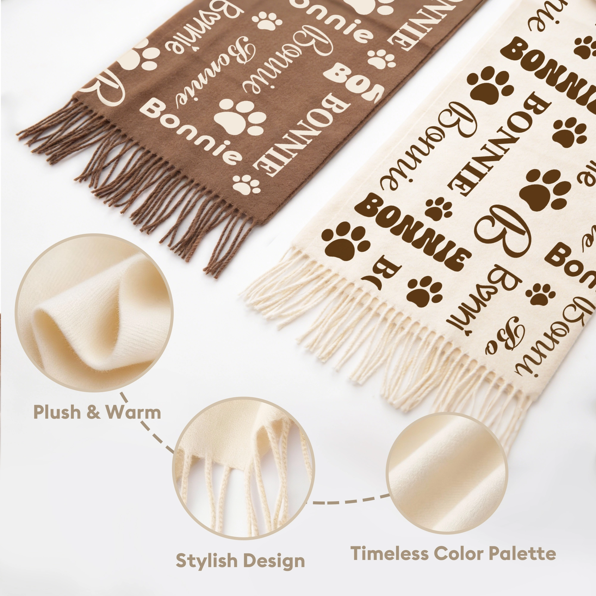 Custom Name Paw Pattern Warm Tassel Scarf