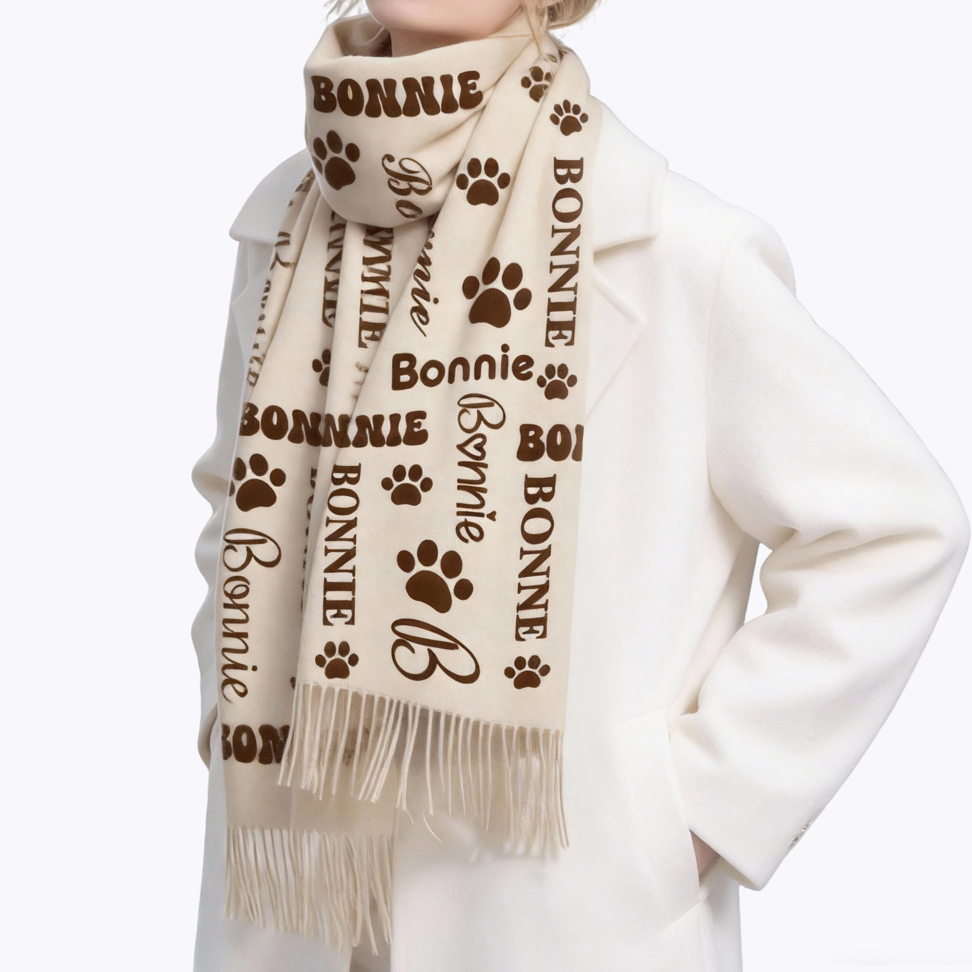 Custom Name Paw Pattern Warm Tassel Scarf