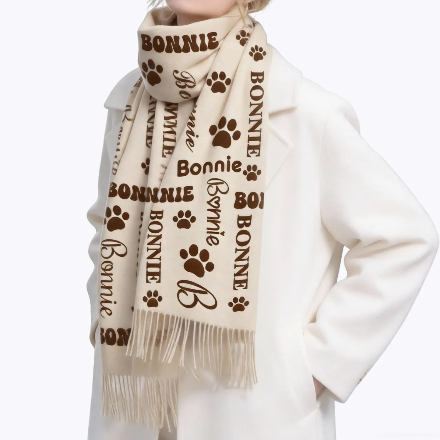 Custom Name Paw Pattern Warm Tassel Scarf
