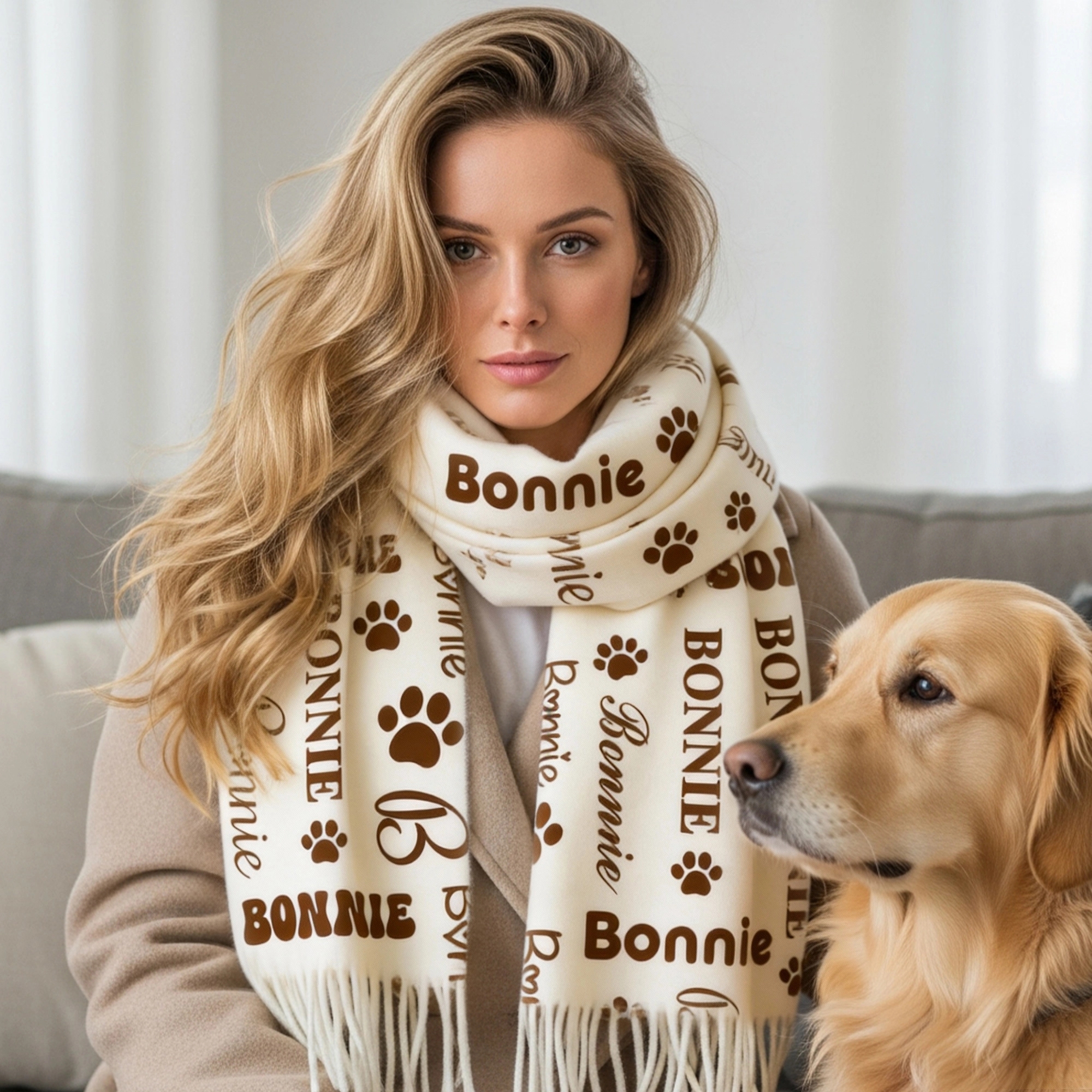 Custom Name Paw Pattern Warm Tassel Scarf