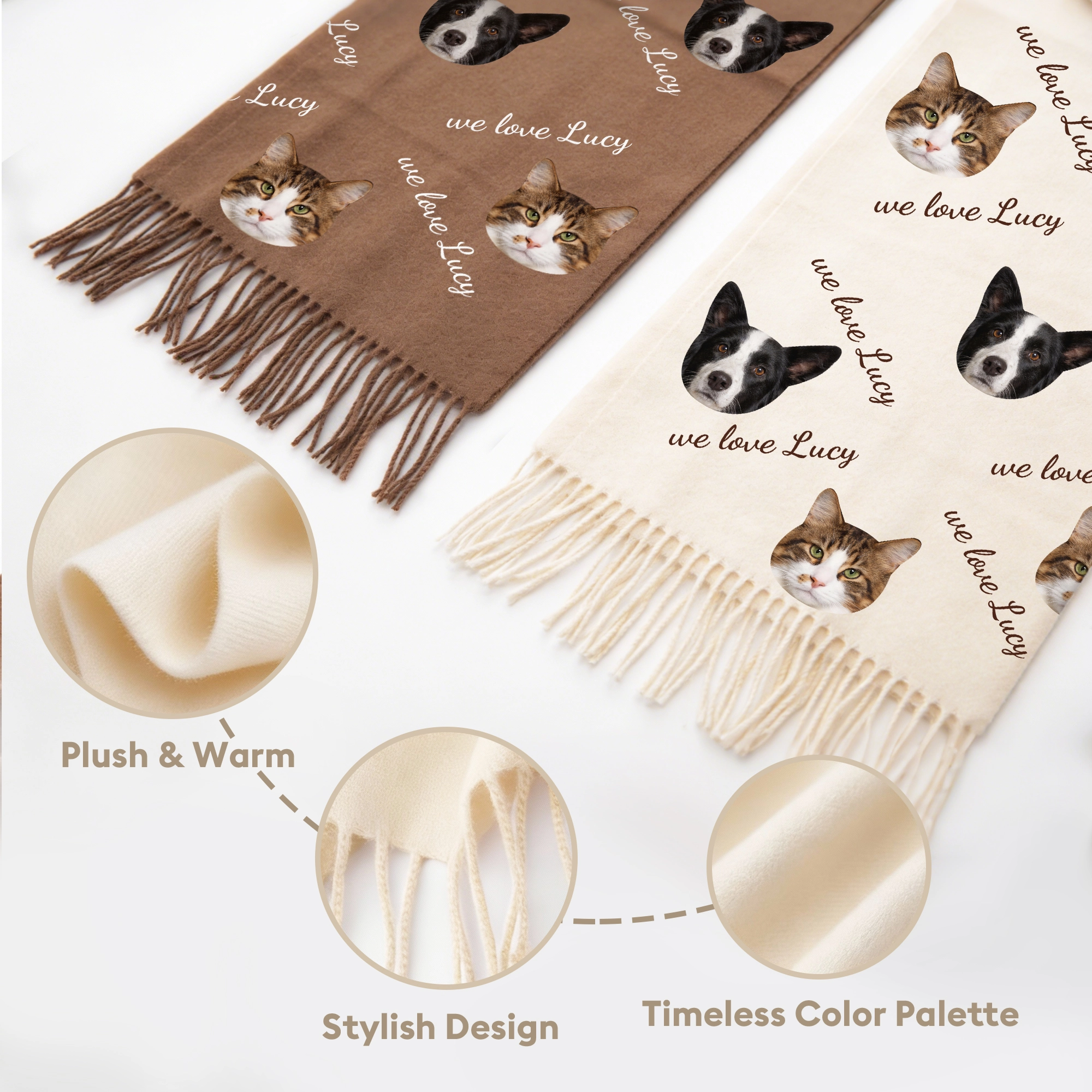 Custom 1-5 Pet Face Photo with Name Warm Tassel Scarf