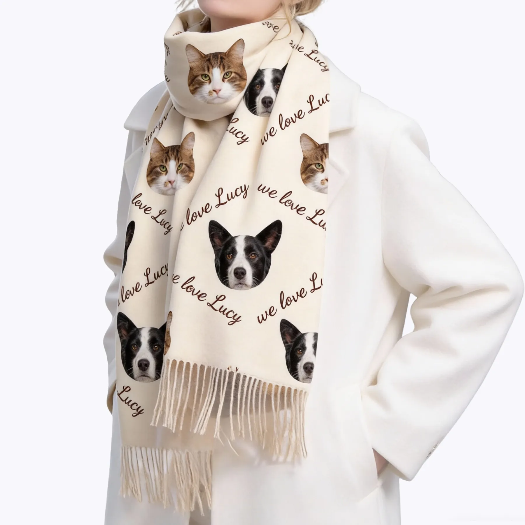 Custom 1-5 Pet Face Photo with Name Warm Tassel Scarf