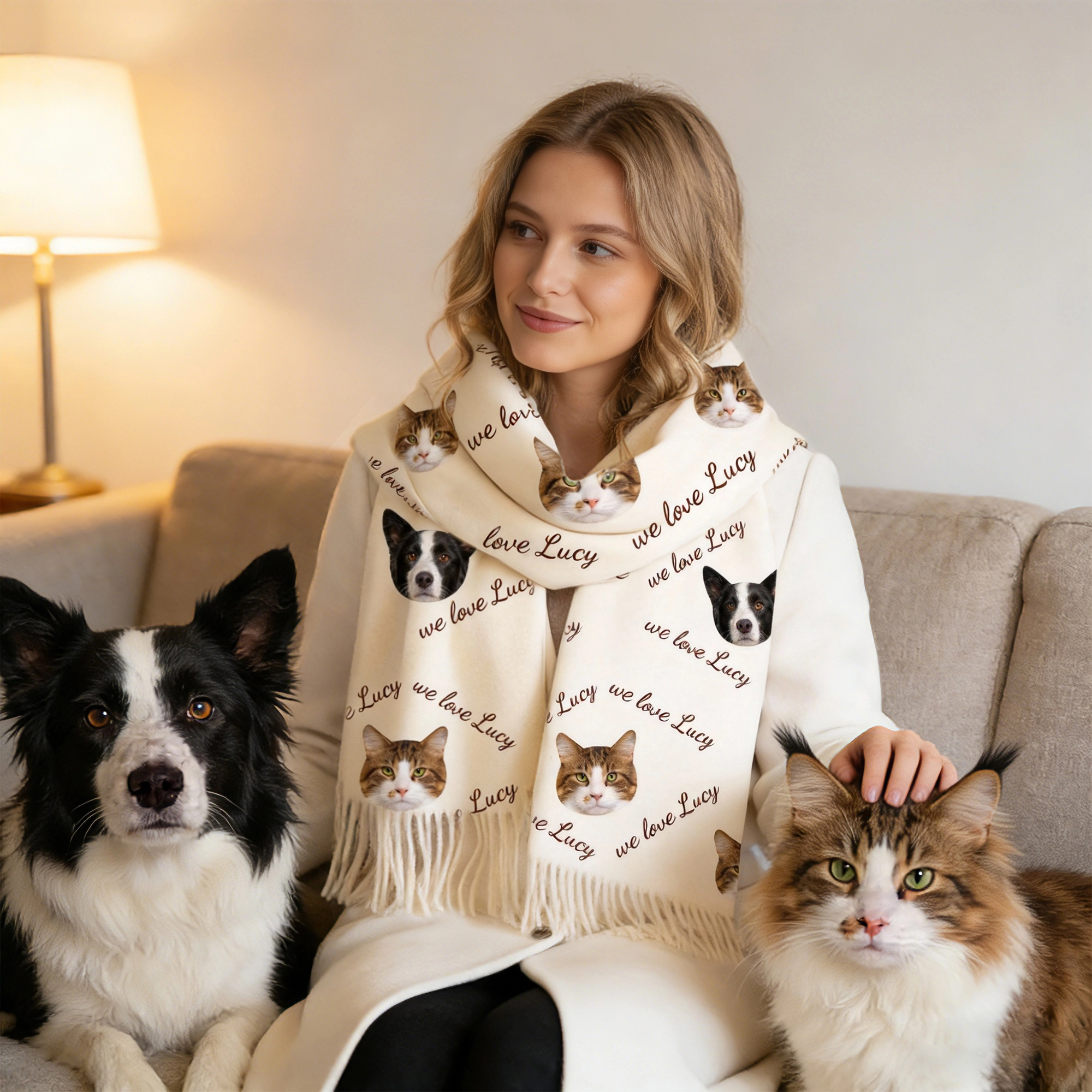 Custom 1-5 Pet Face Photo with Name Warm Tassel Scarf