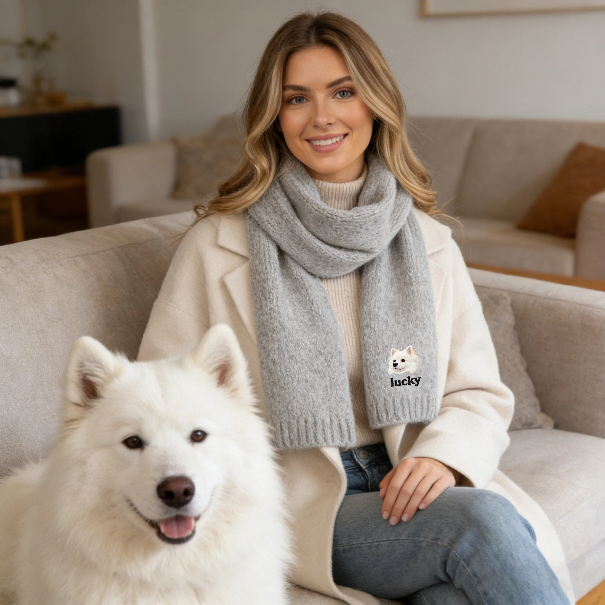 Custom Embroidered Dog Cat Pet Face Warm Scarf with Name