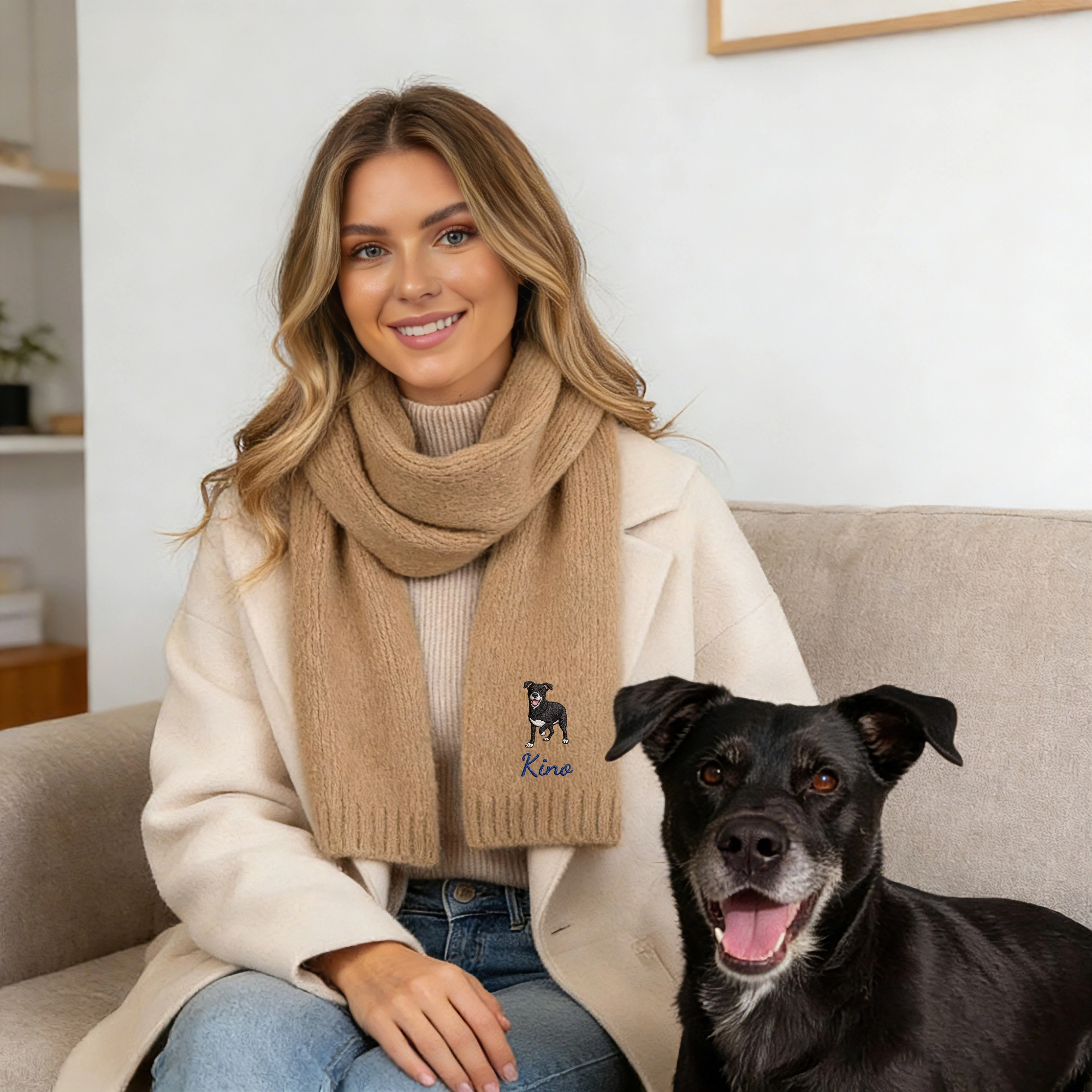 Custom Embroidered Dog Cat Pet Photo Full Body Warm Scarf with Name