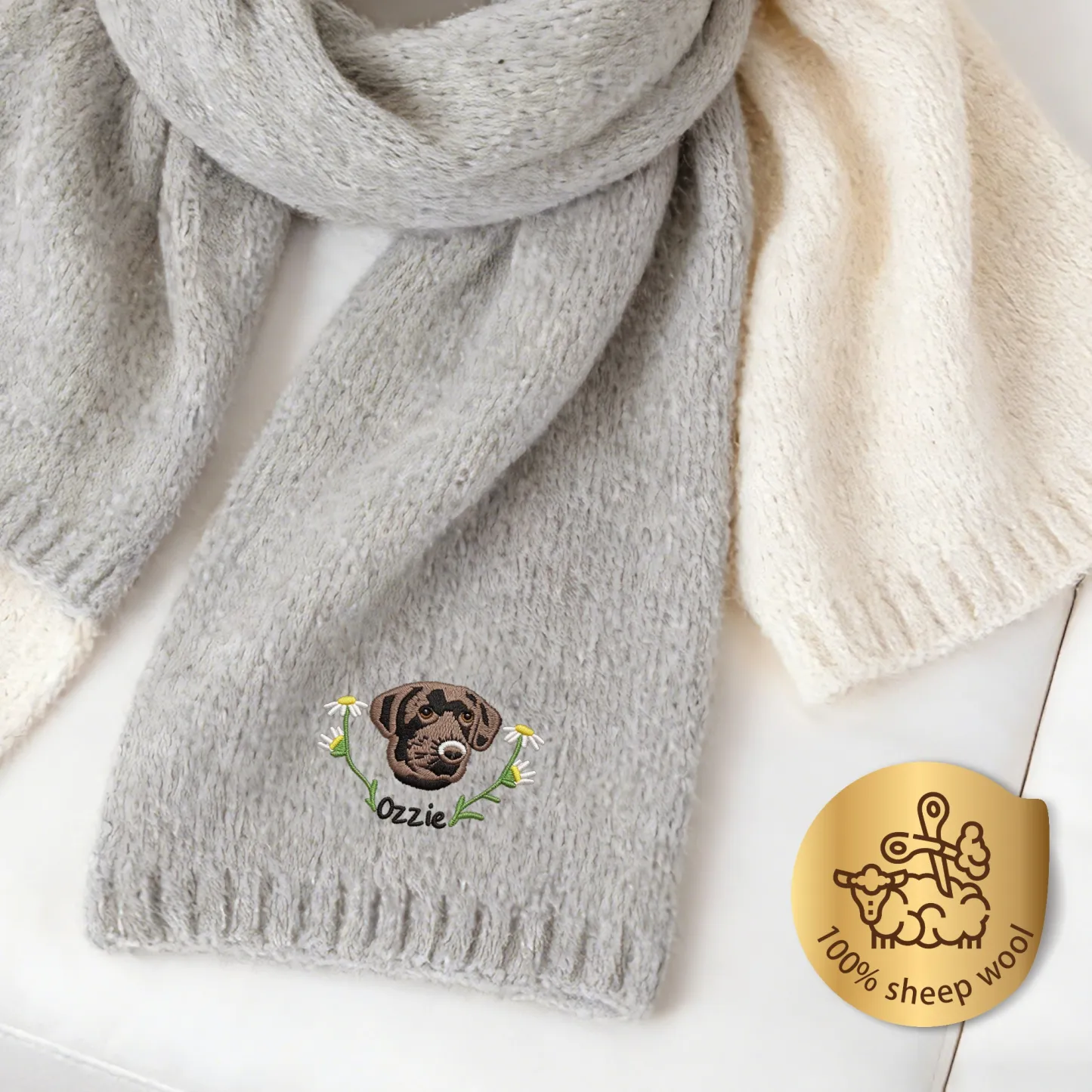 Custom Embroidered Dog Cat Pet Face Name Warm Scarf with Floral