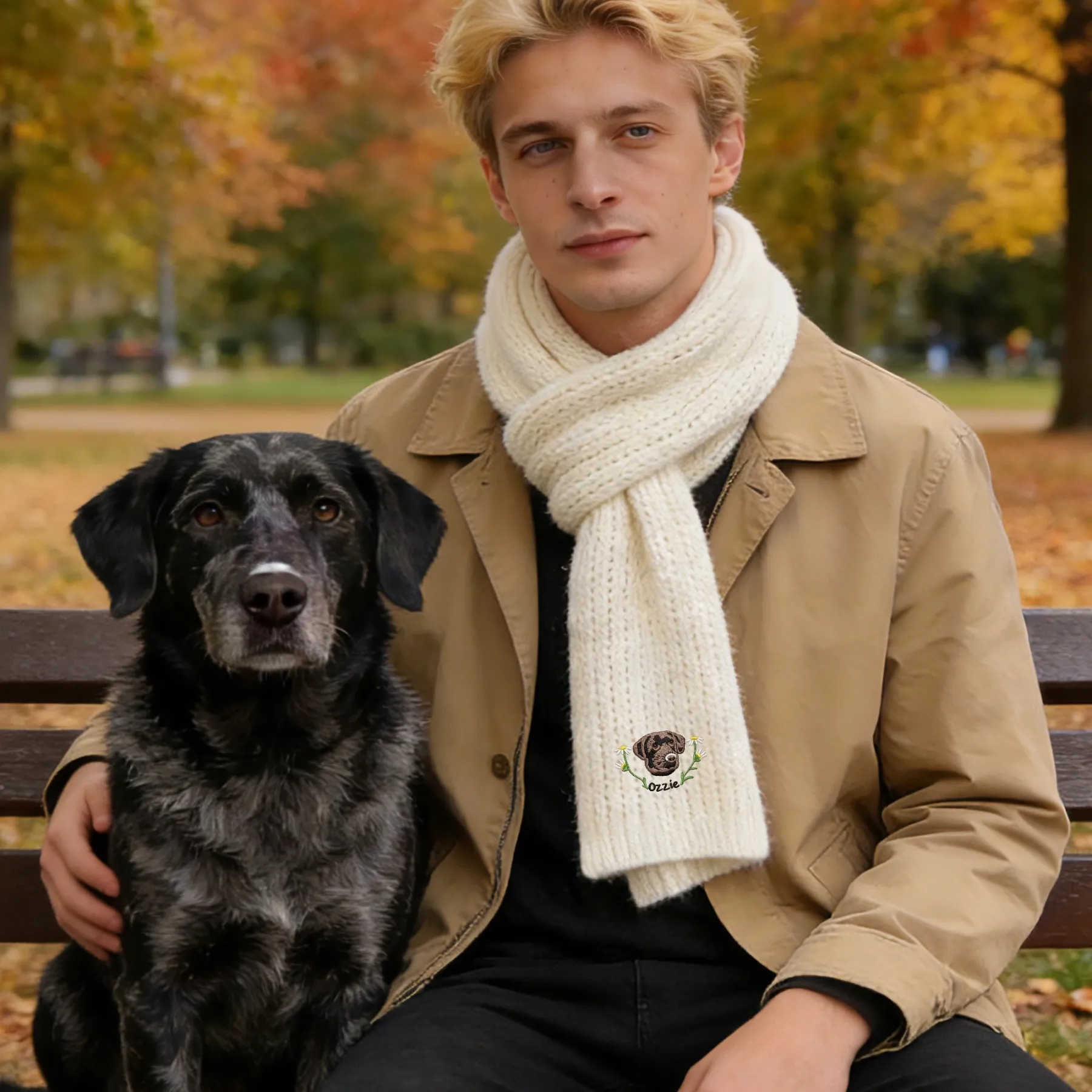 Custom Embroidered Dog Cat Pet Face Name Warm Scarf with Floral