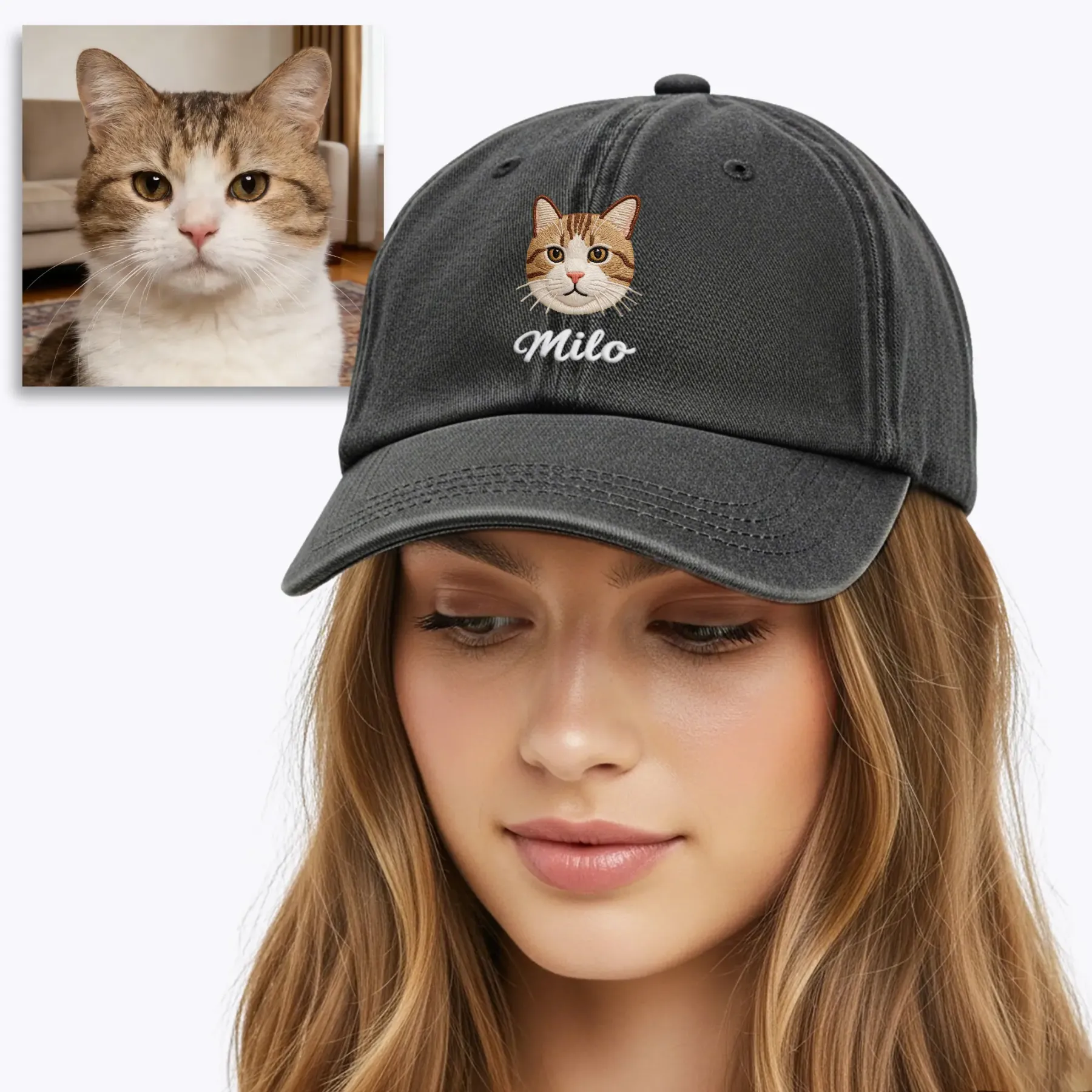 Custom Embroidered Cat Dog Pet Face Photo with Name Cap