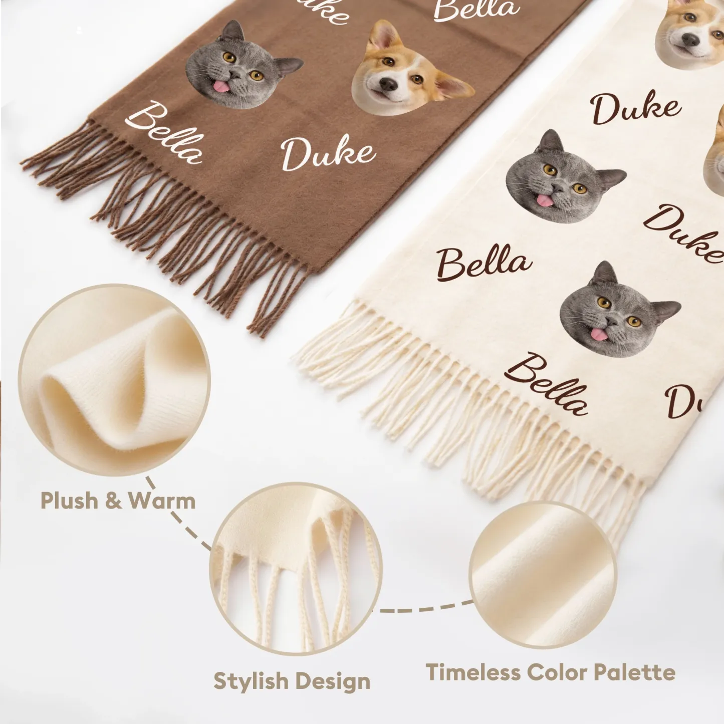 Custom 1-5 Dog Cat Pet Face Photo with Name Warm Tassel Scarf