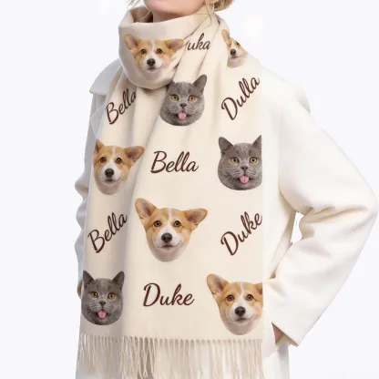 Custom 1-5 Dog Cat Pet Face Photo with Name Warm Tassel Scarf