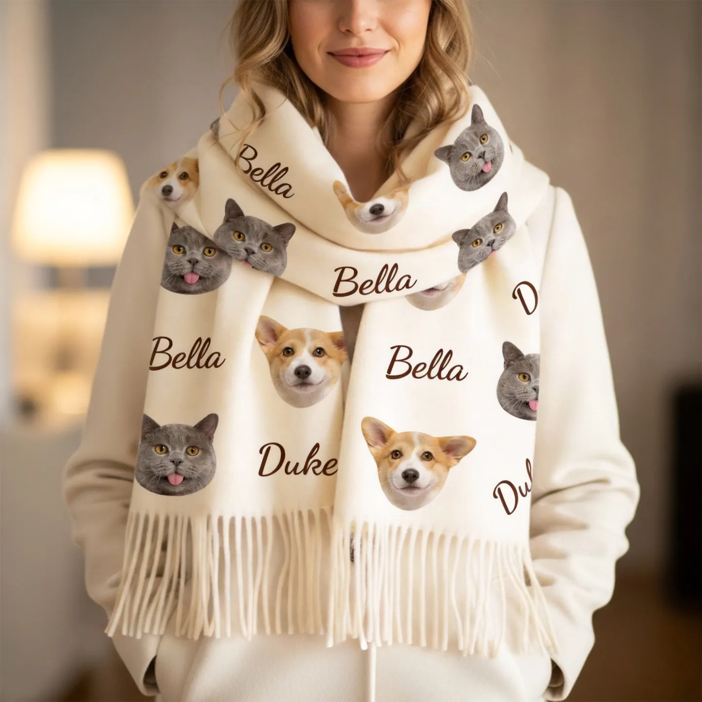 Custom 1-5 Dog Cat Pet Face Photo with Name Warm Tassel Scarf