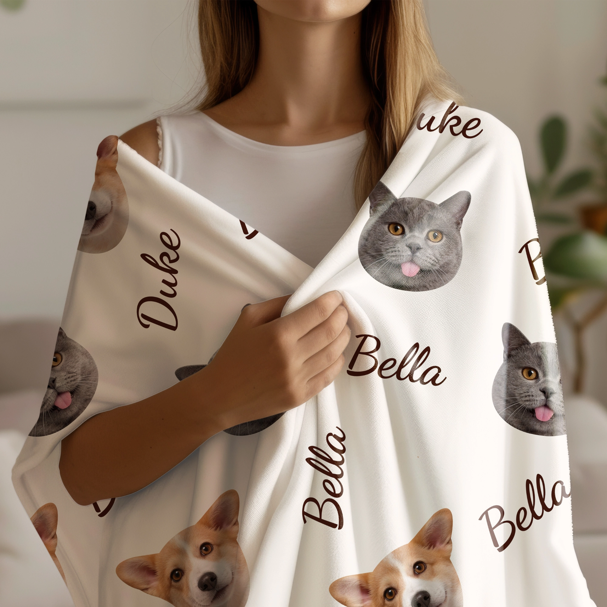 Custom 1-5 Dog Cat Pet Face Photo with Name Warm Tassel Scarf