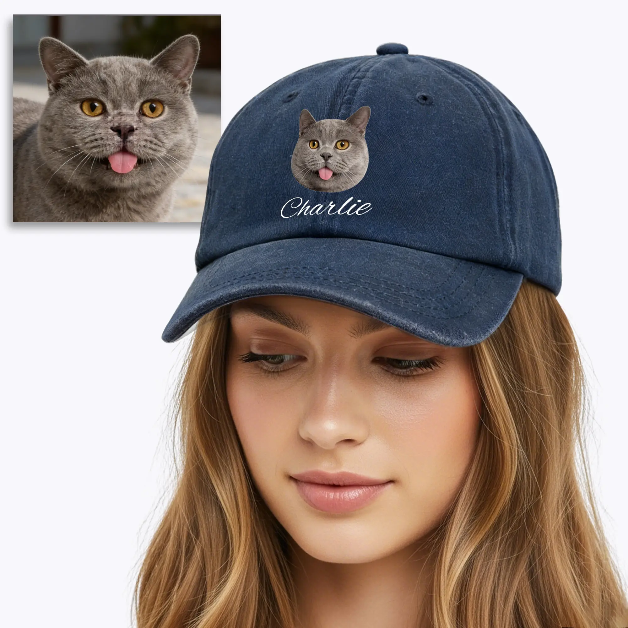 Custom Printed Cat Dog Pet Face Photo with Name Cap