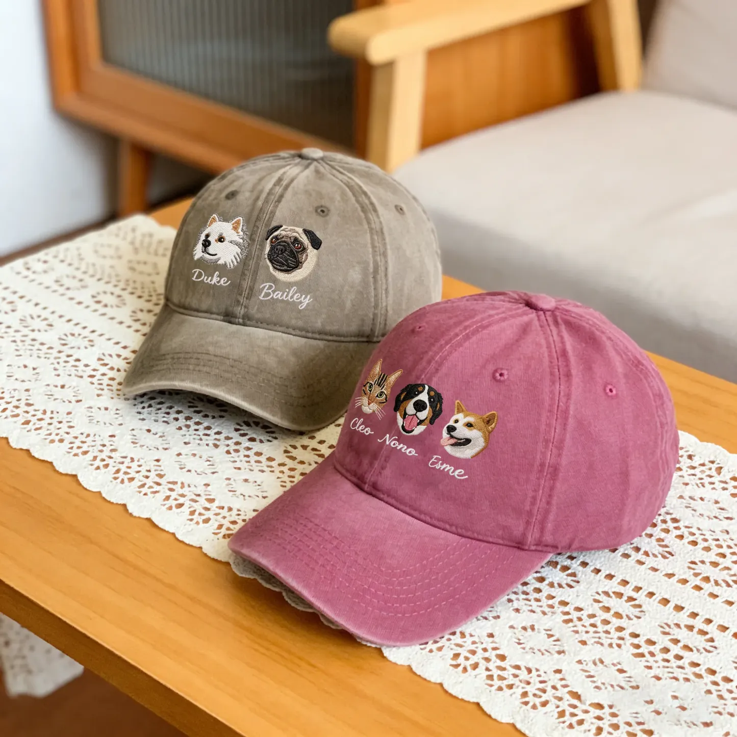 Custom Embroidered 2-3 Cat Dog Pet Face Photo with Name Cap