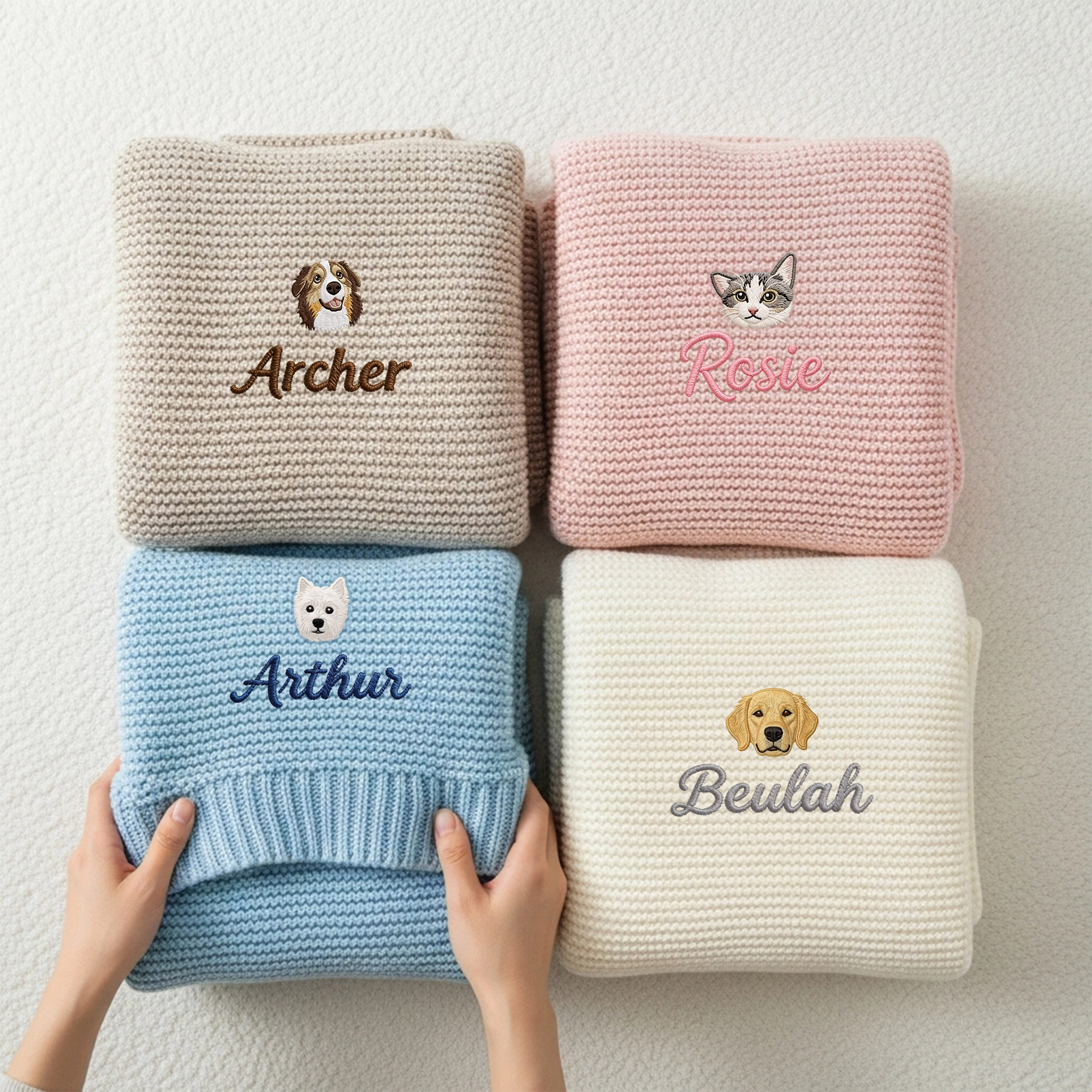 Custom Embroidered Pet Face with Name Knit Blanket