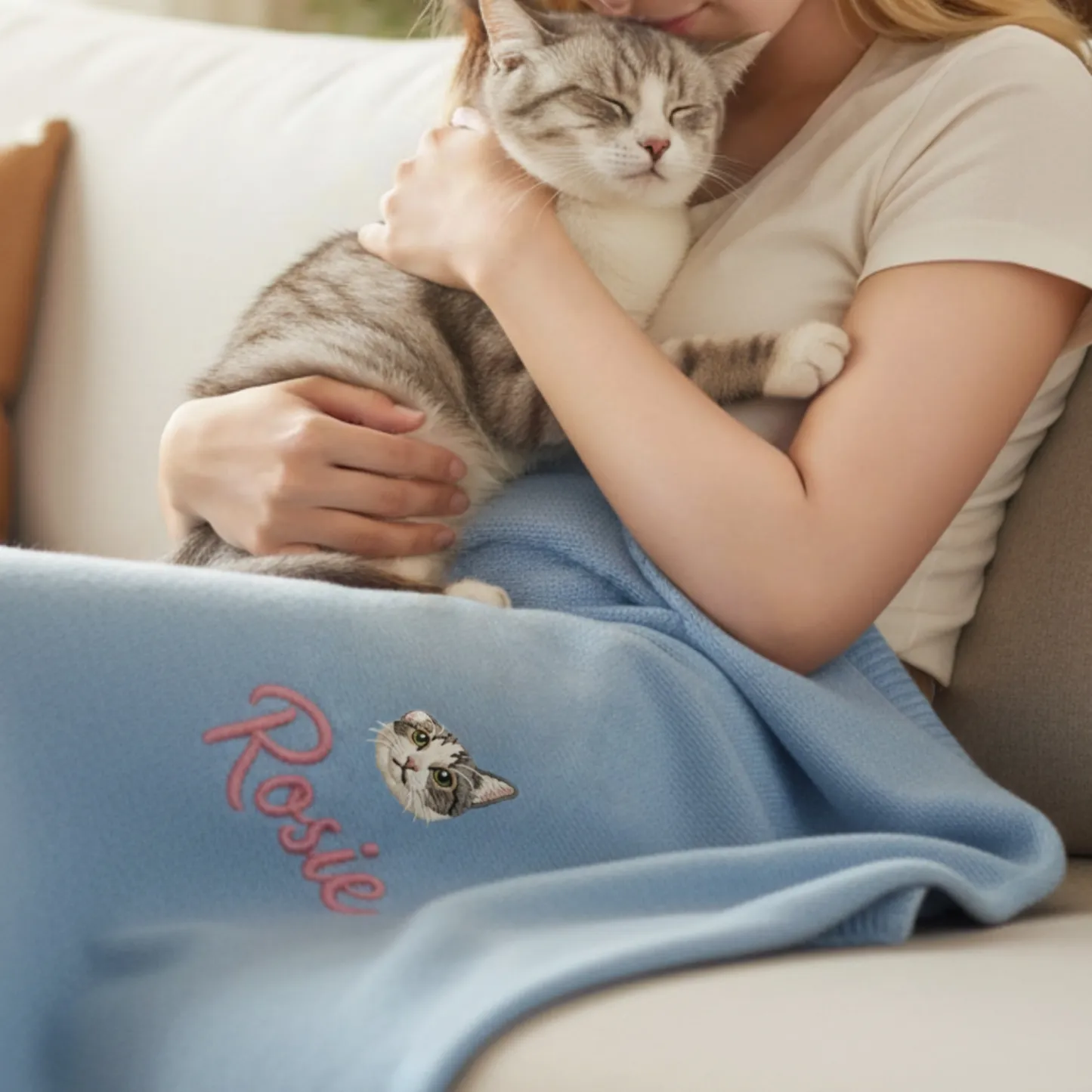 Custom Embroidered Pet Face with Name Knit Blanket