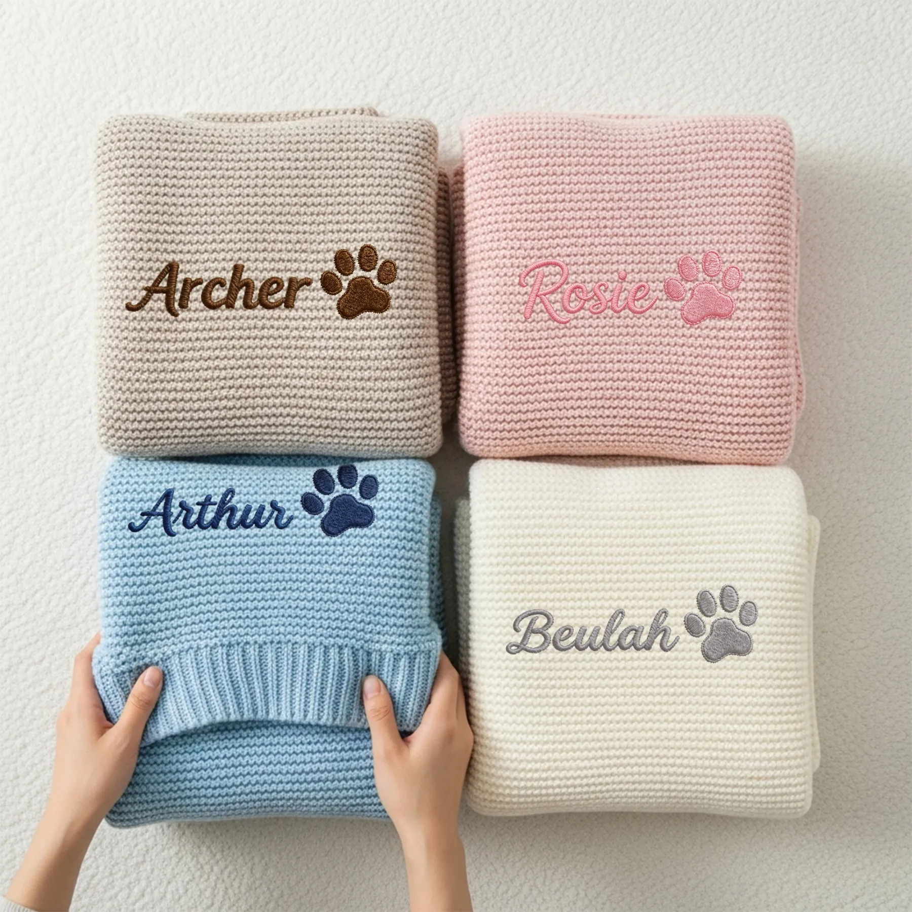 Custom Embroidered Name Paw Pattern Knit Blanket