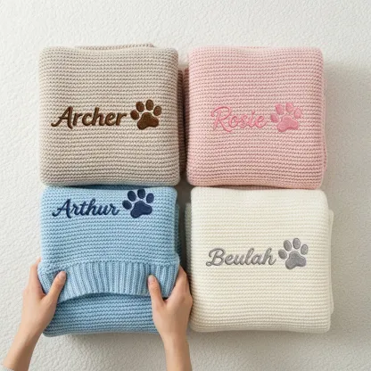 Custom Embroidered Name Paw Pattern Knit Blanket