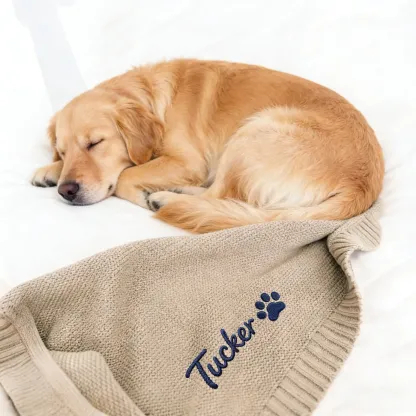 Custom Embroidered Name Paw Pattern Knit Blanket