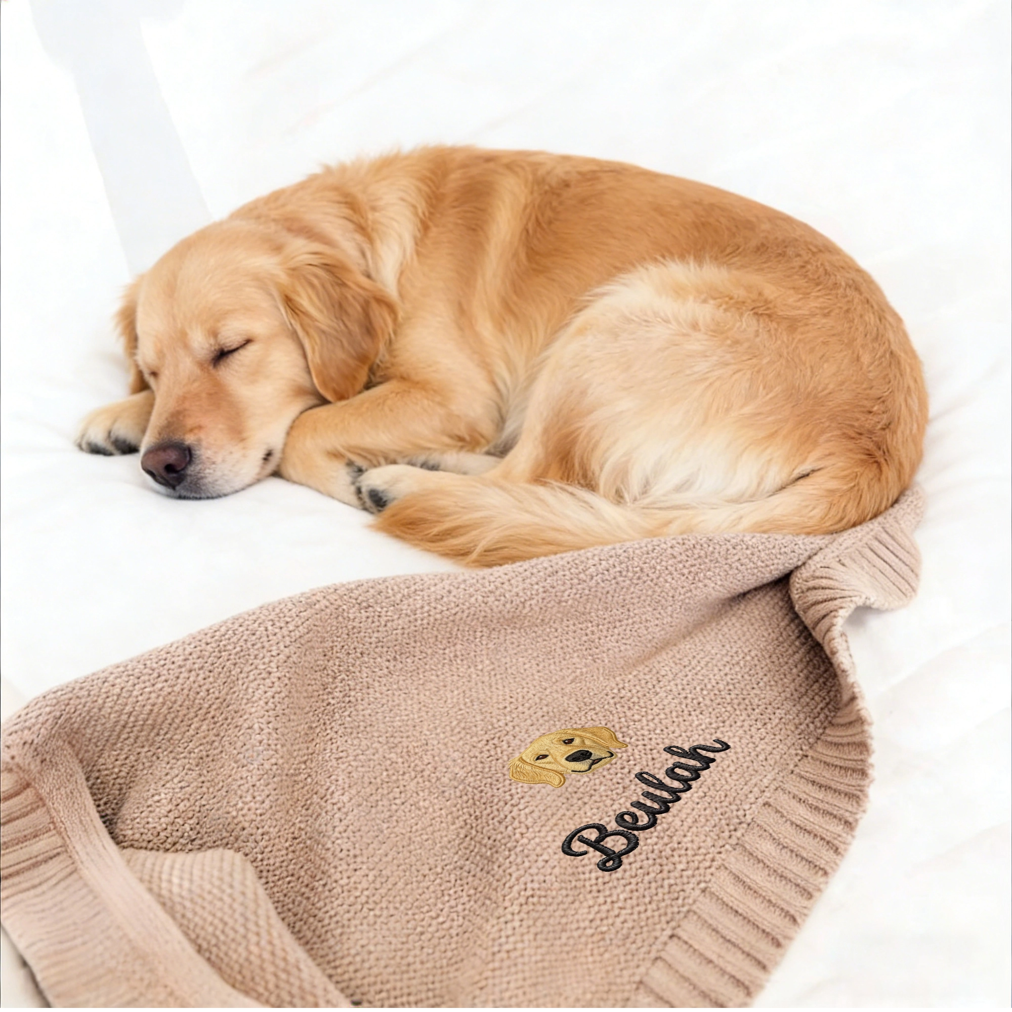 Custom Embroidered Pet Face with Name Knit Blanket