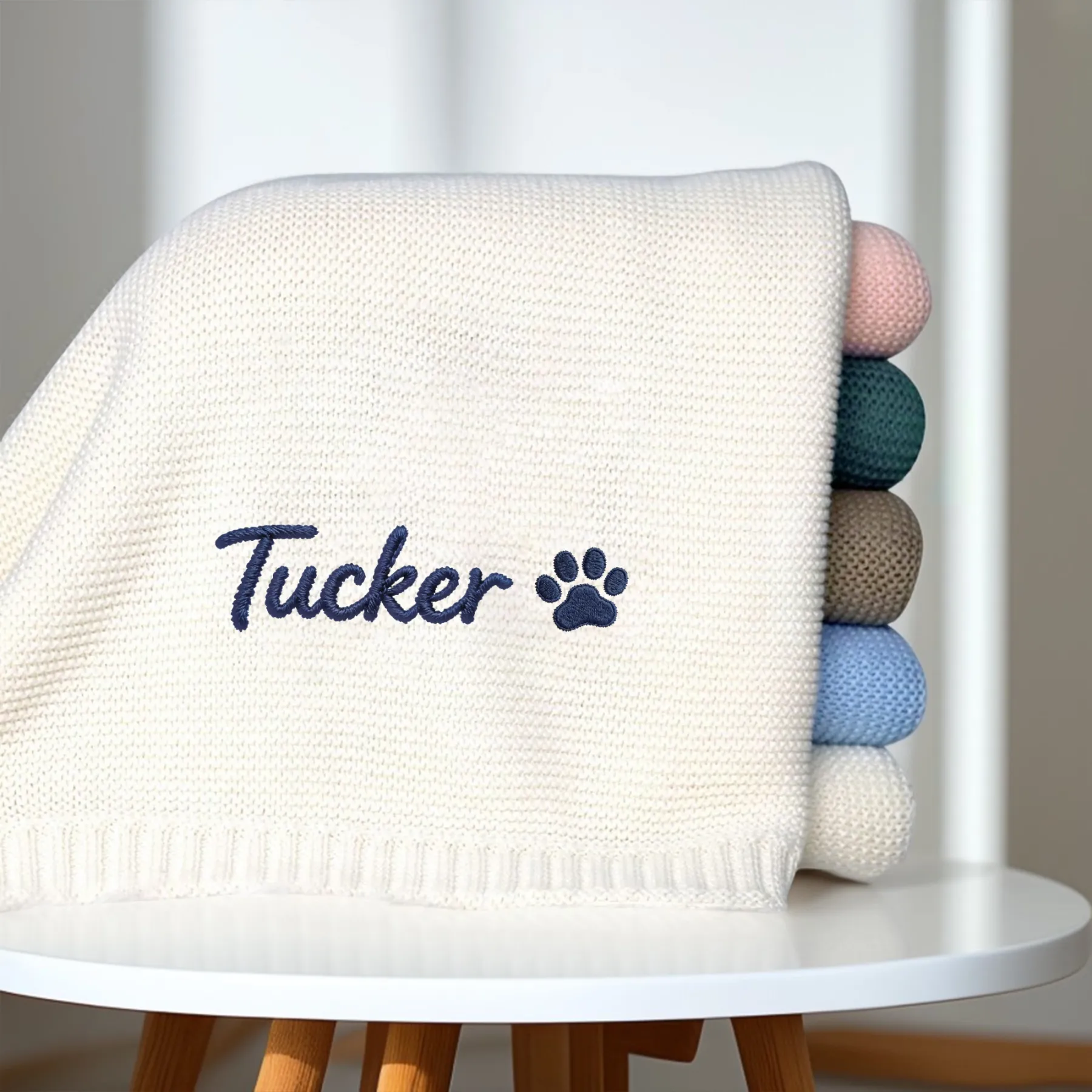 Custom Embroidered Name Paw Pattern Knit Blanket