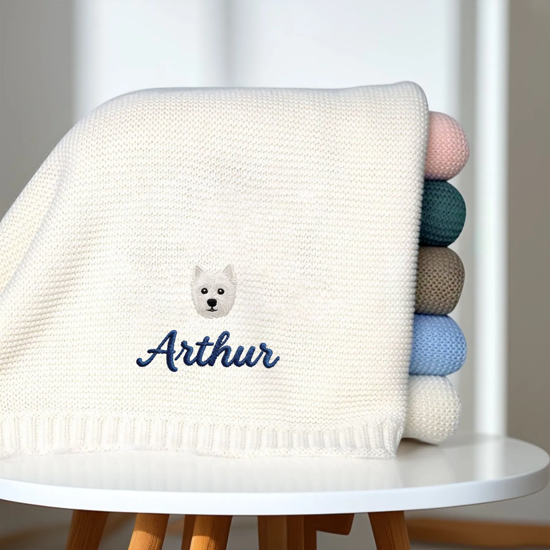 Custom Embroidered Pet Face with Name Knit Blanket