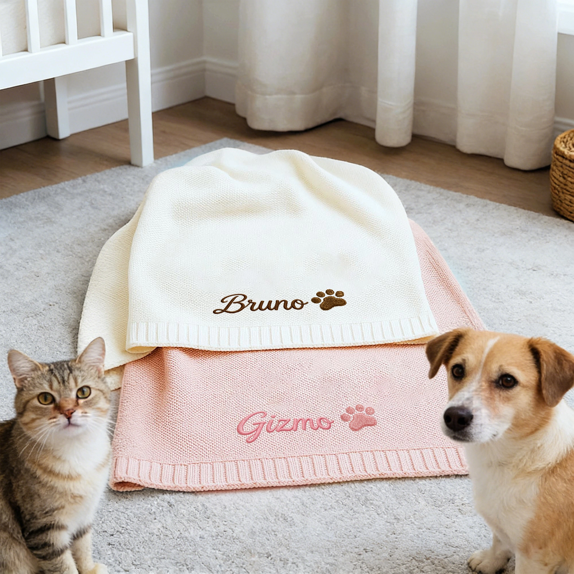 Custom Embroidered Name Paw Pattern Knit Blanket