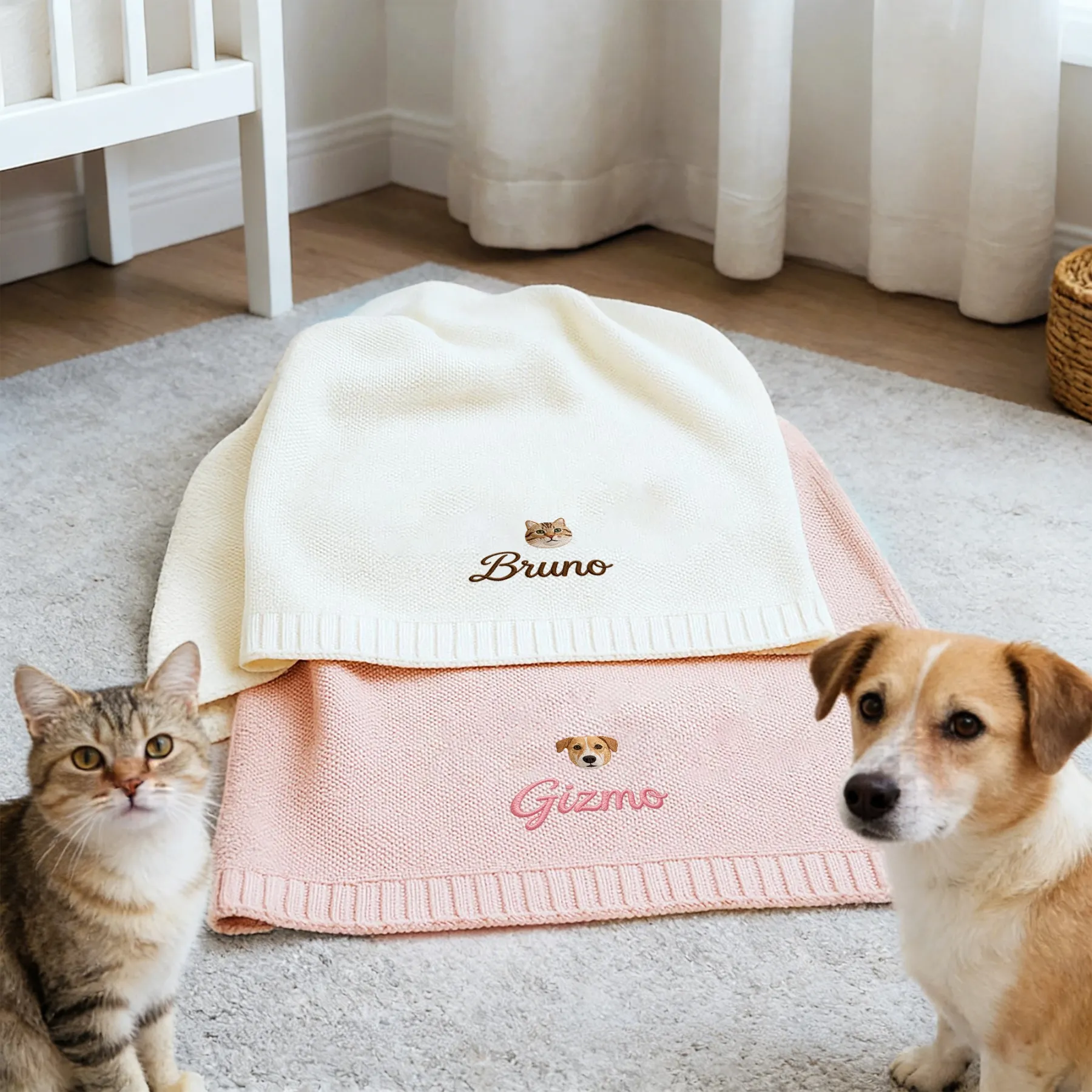 Custom Embroidered Pet Face with Name Knit Blanket