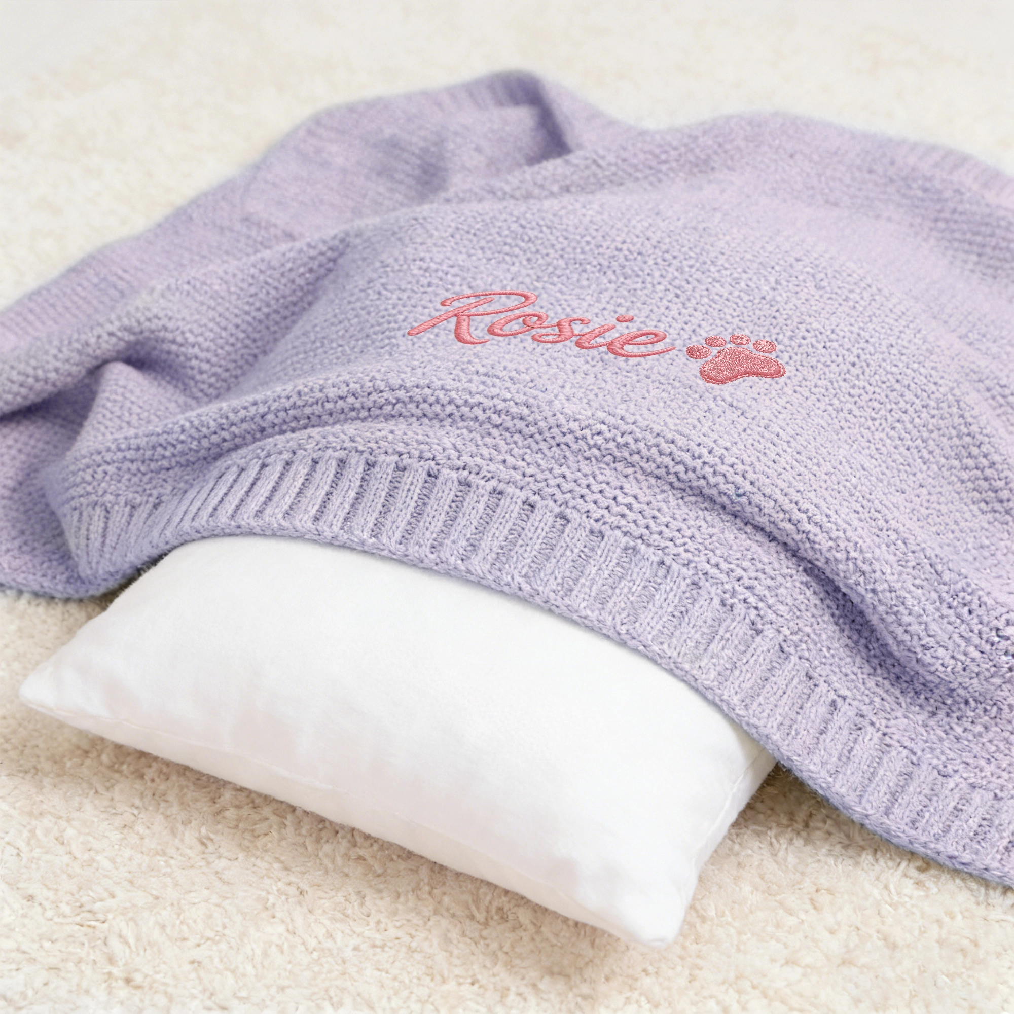 Custom Embroidered Name Paw Pattern Knit Blanket
