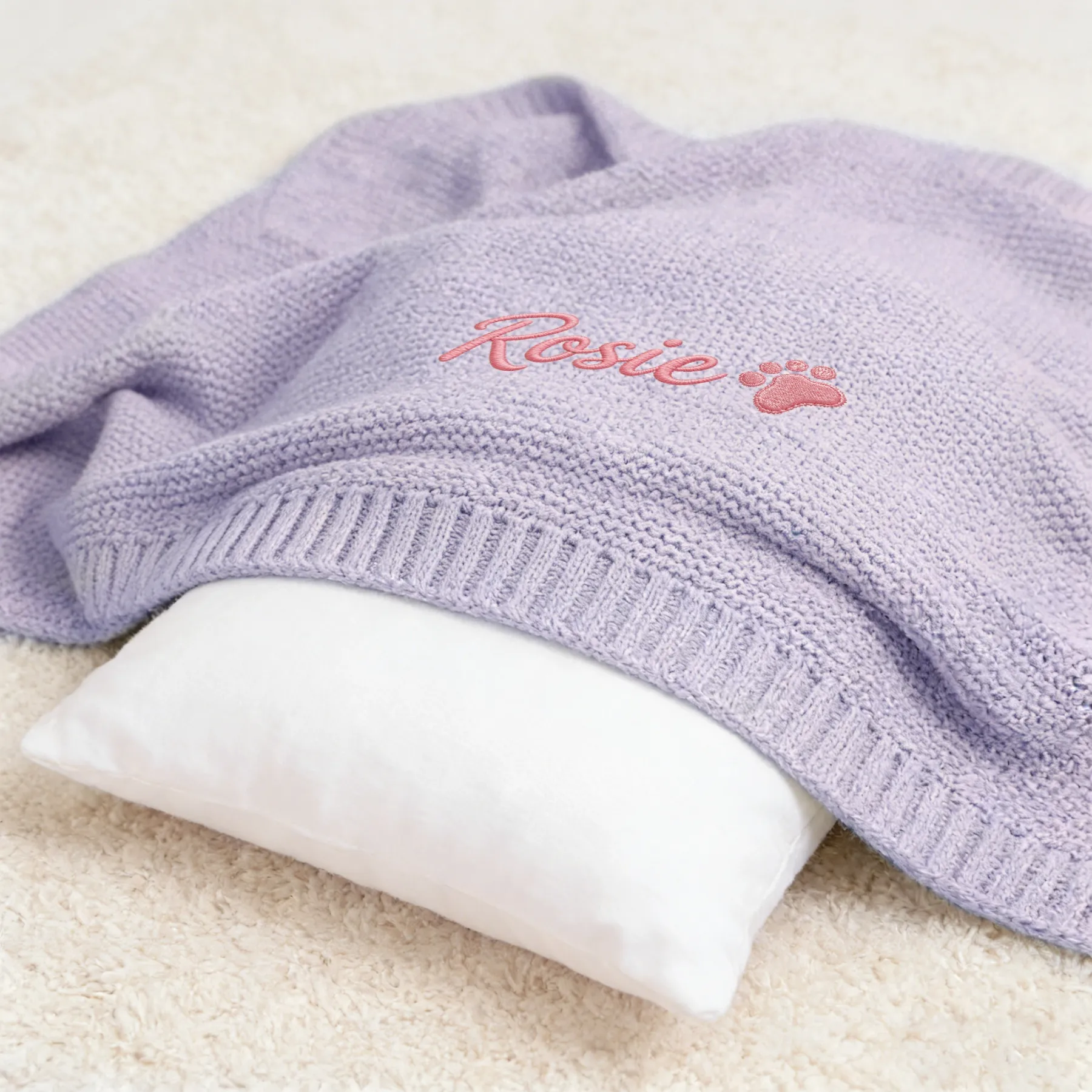 Custom Embroidered Name Paw Pattern Knit Blanket