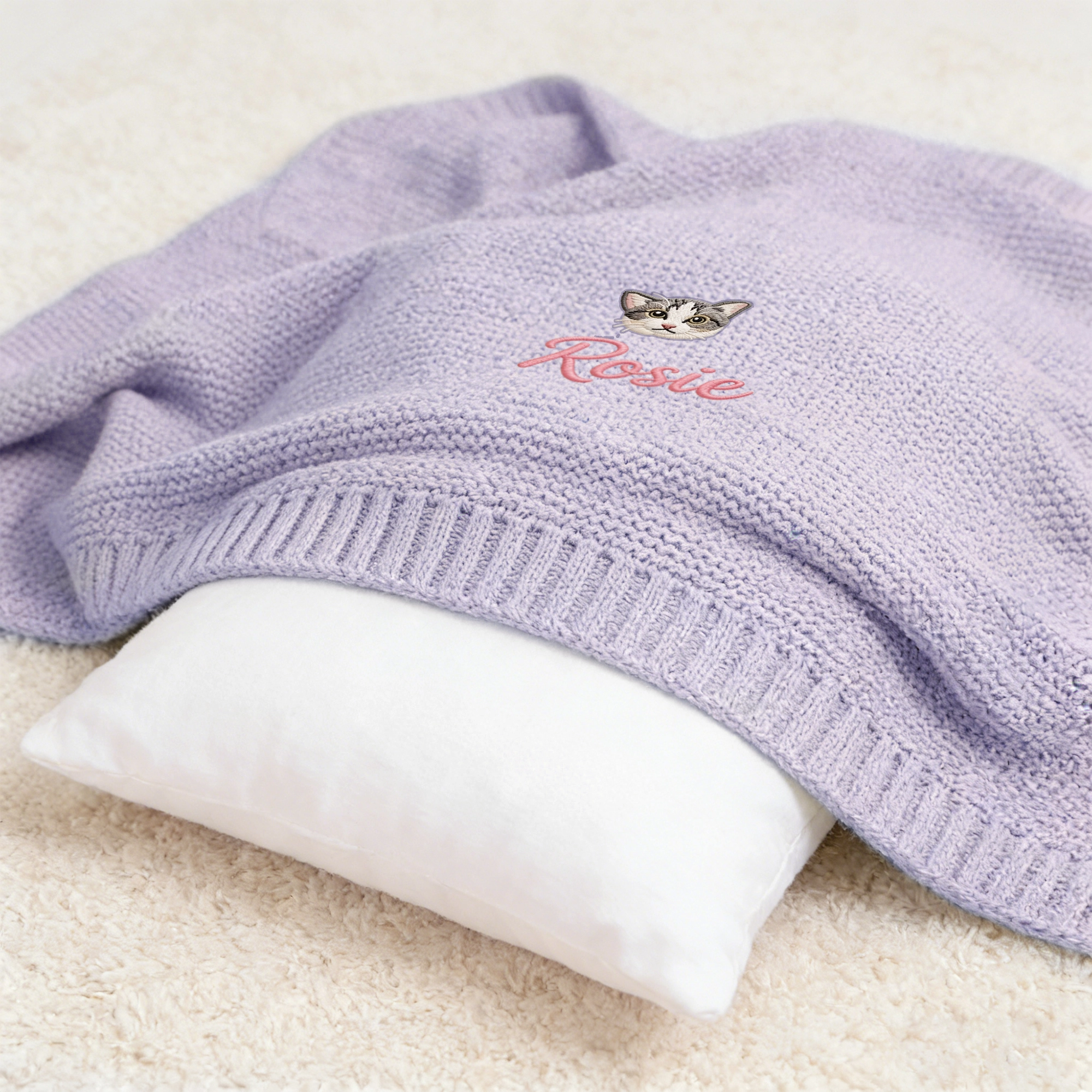Custom Embroidered Pet Face with Name Knit Blanket
