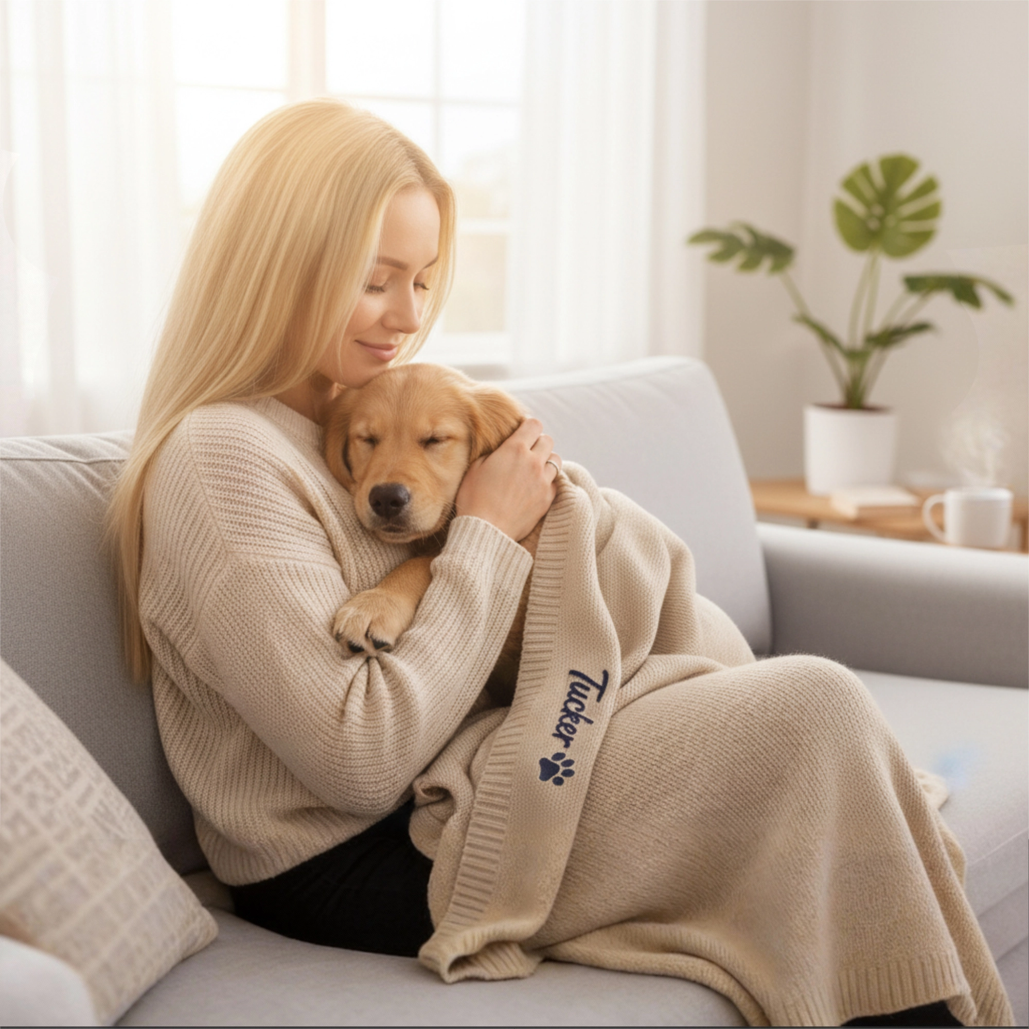Custom Embroidered Name Paw Pattern Knit Blanket