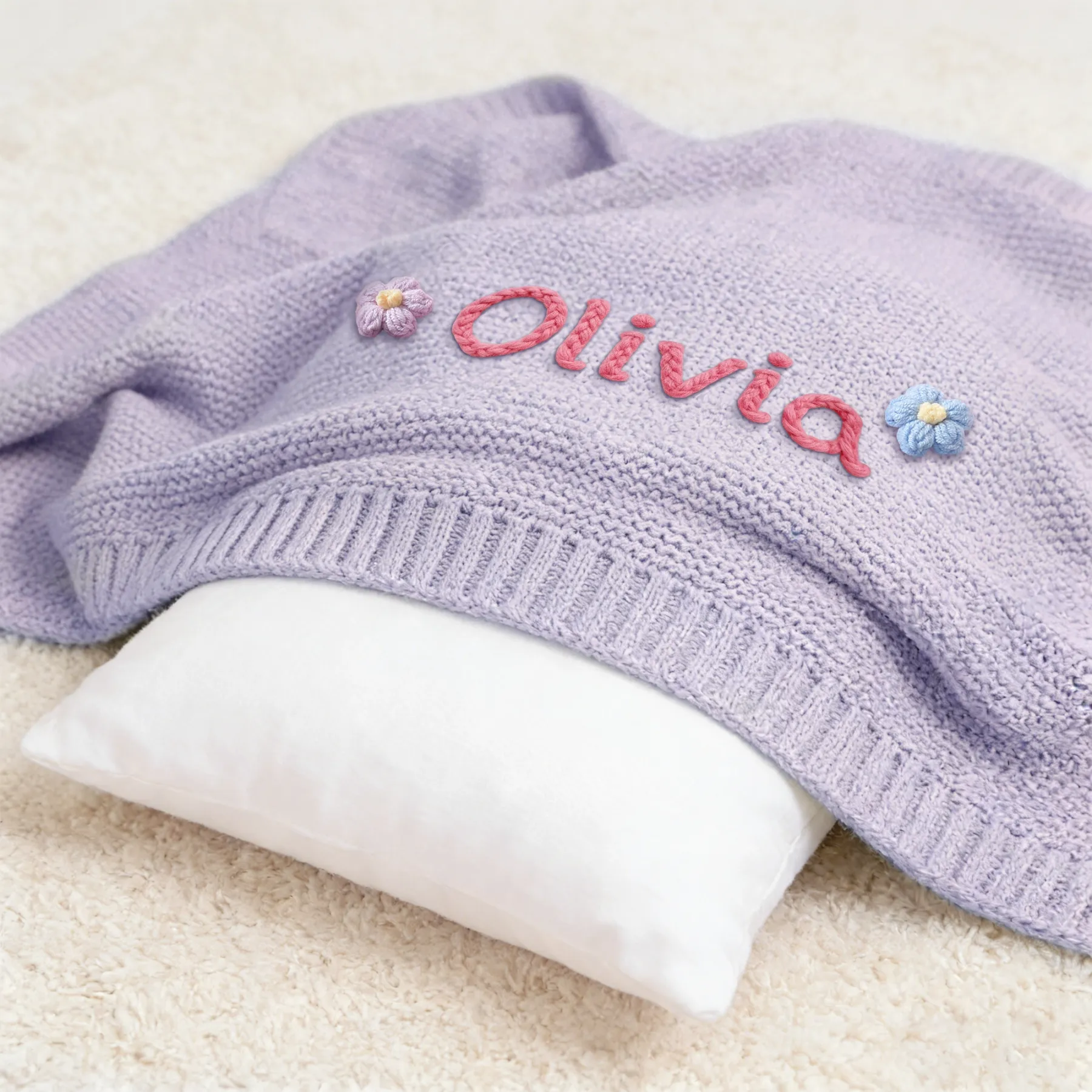 Custom 3D Embroidered Name with Flowers Knit Blanket