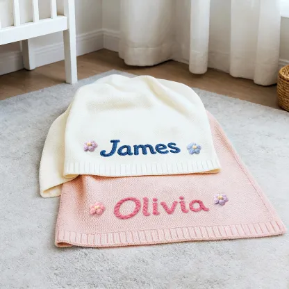 Custom 3D Embroidered Name with Flowers Knit Blanket