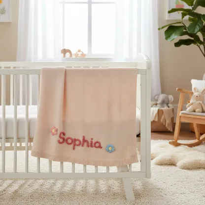 Custom 3D Embroidered Name with Flowers Knit Blanket