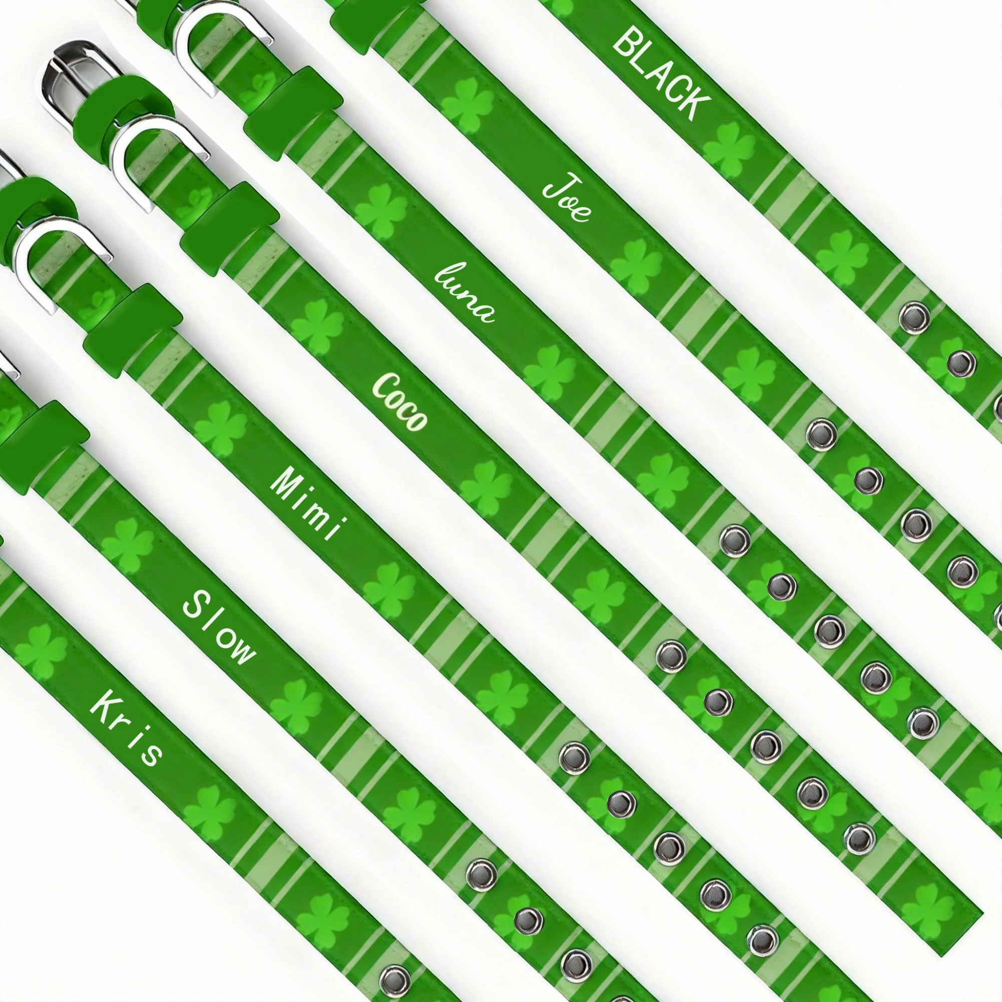 Custom Four Leaf Clover Adjustable Dog Cat Collar with Metal D-ring and Buckle for St. Patrick's Day