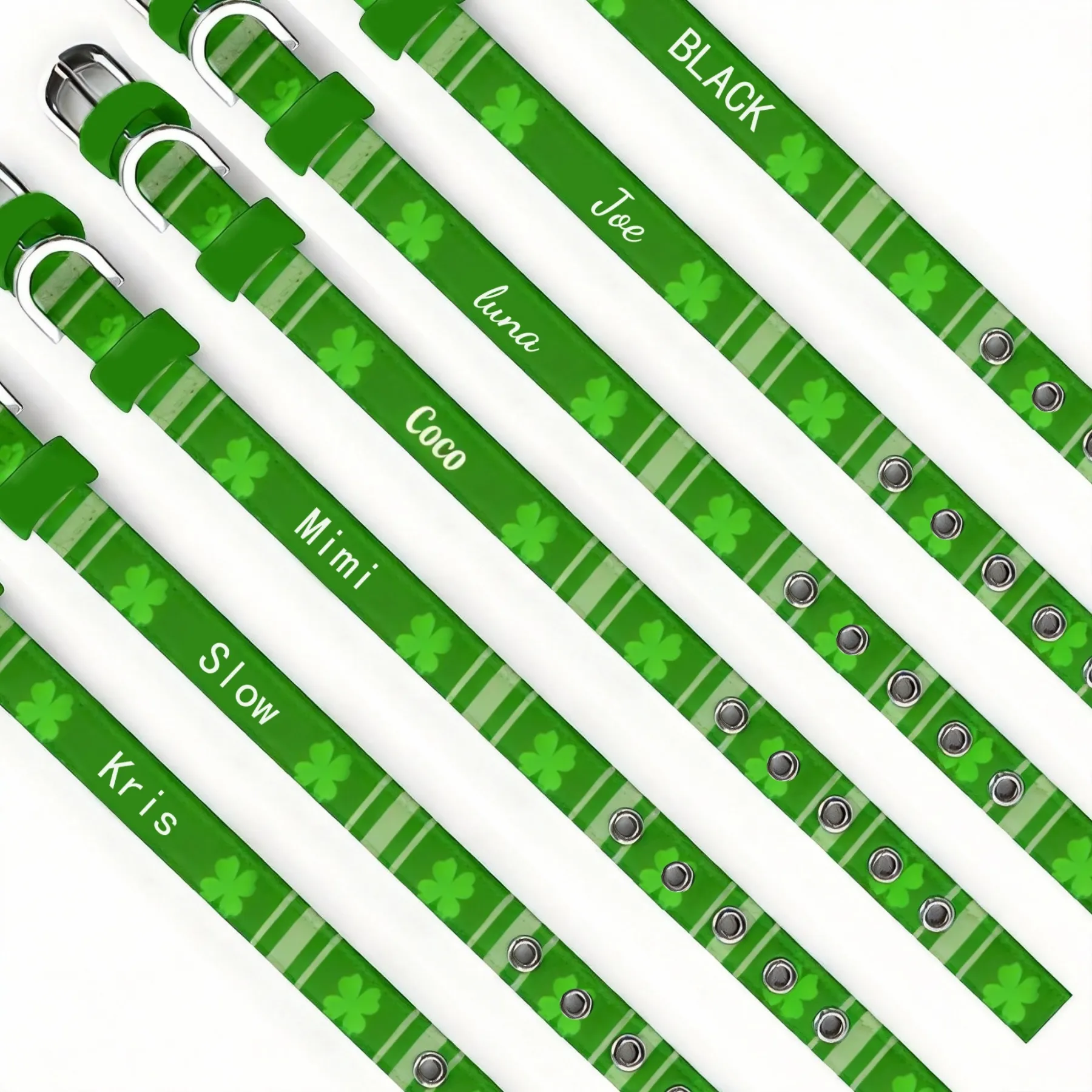 Custom Four Leaf Clover Adjustable Dog Cat Collar with Metal D-ring and Buckle for St. Patrick's Day