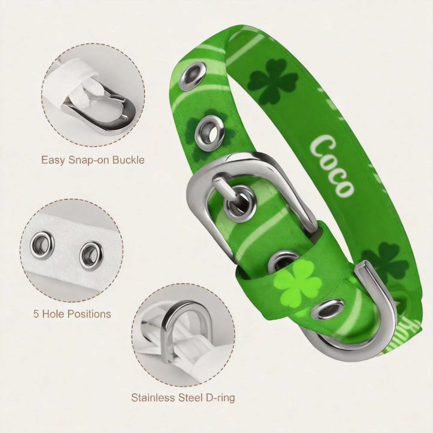 Custom Four Leaf Clover Adjustable Dog Cat Collar with Metal D-ring and Buckle for St. Patrick's Day